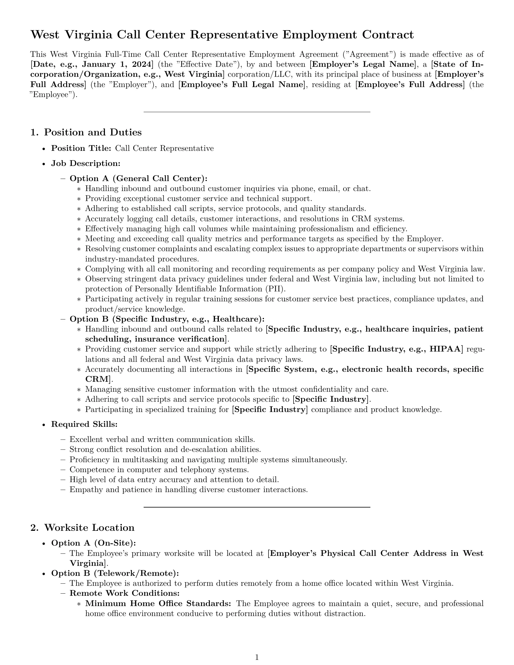 Preview page 1 of Pro West Virginia call center representative employment contract template