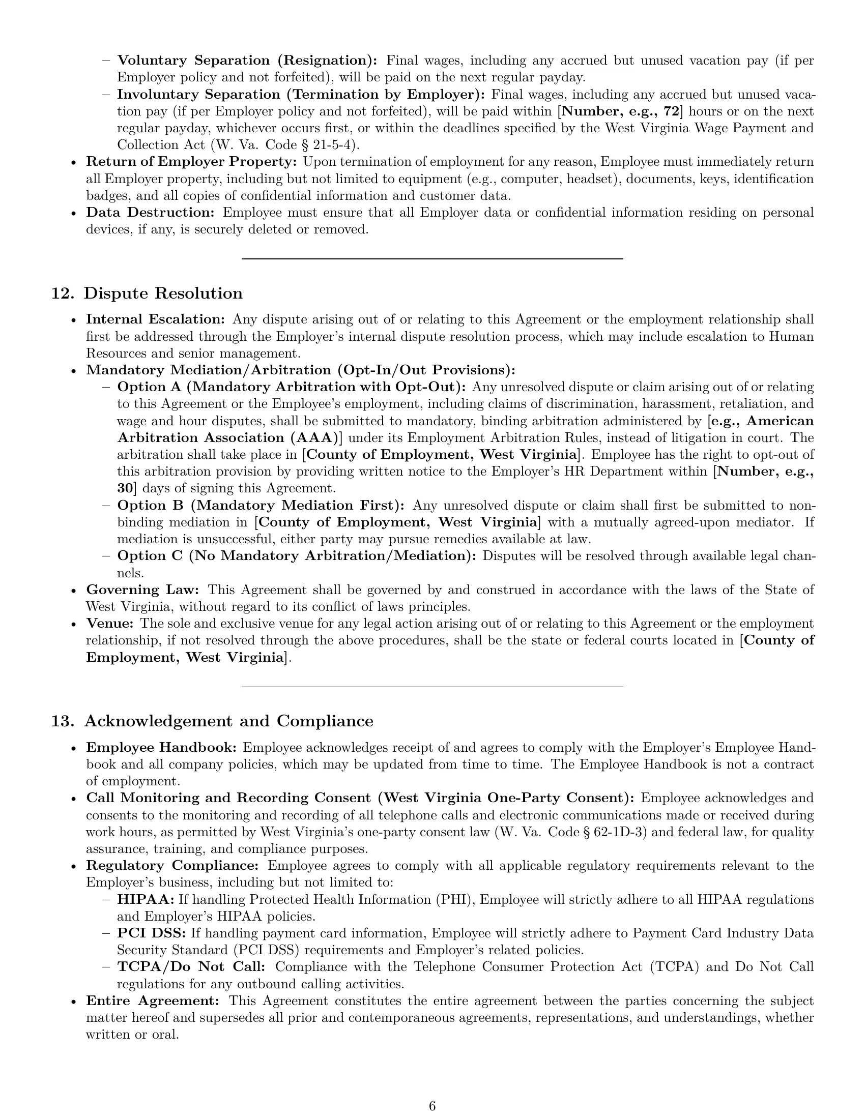 Preview page 6 of Pro West Virginia call center representative employment contract template