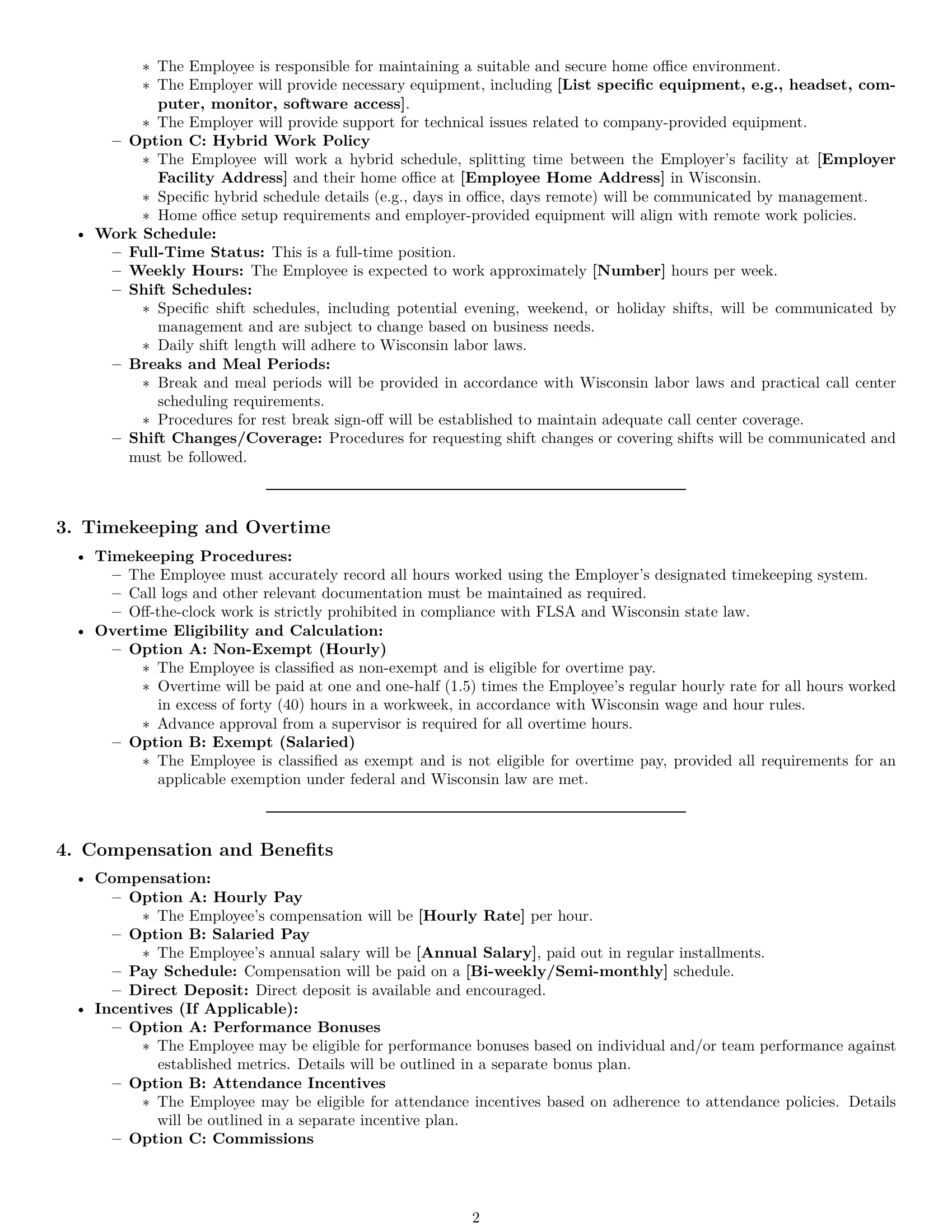 Preview page 2 of Pro Wisconsin call center representative employment contract template