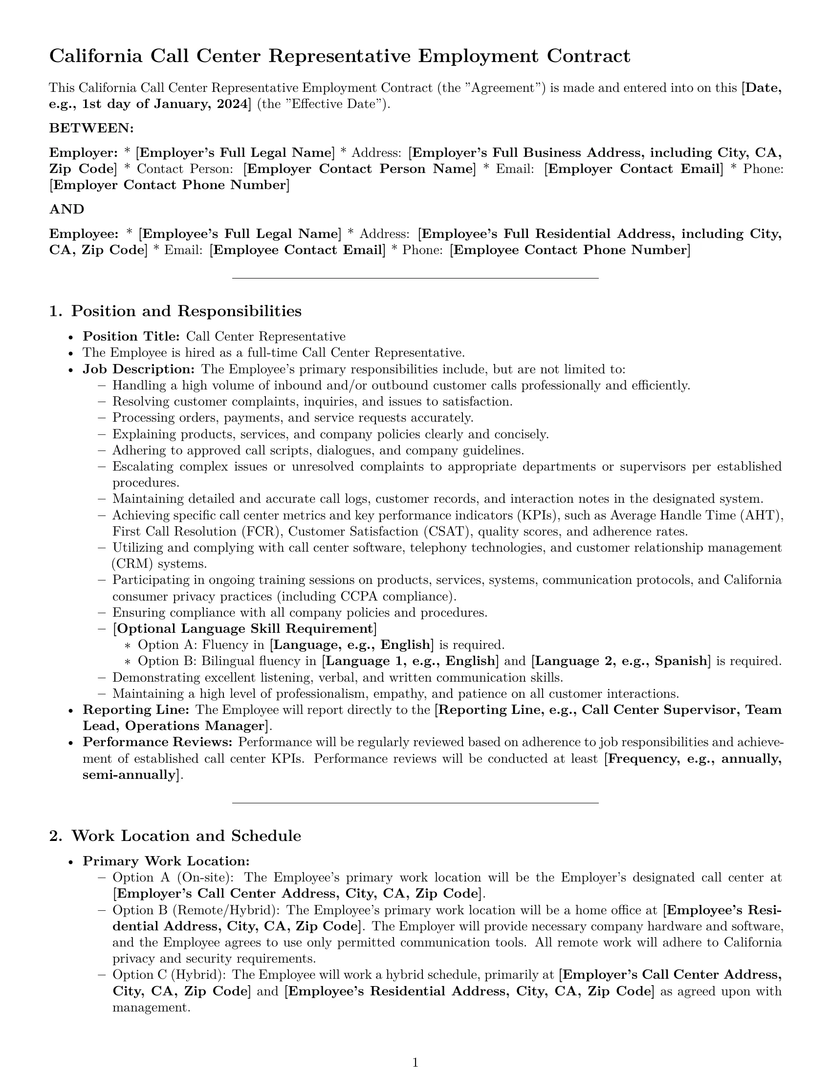 Preview page 1 of Pro California call center representative employment contract template