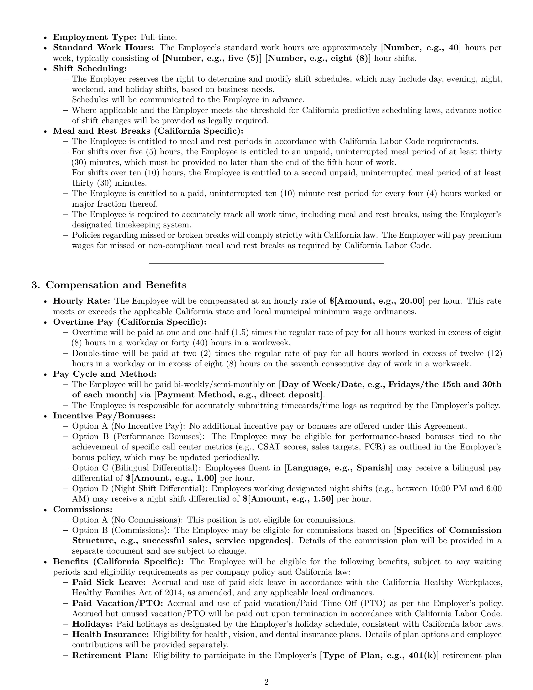 Preview page 2 of Pro California call center representative employment contract template