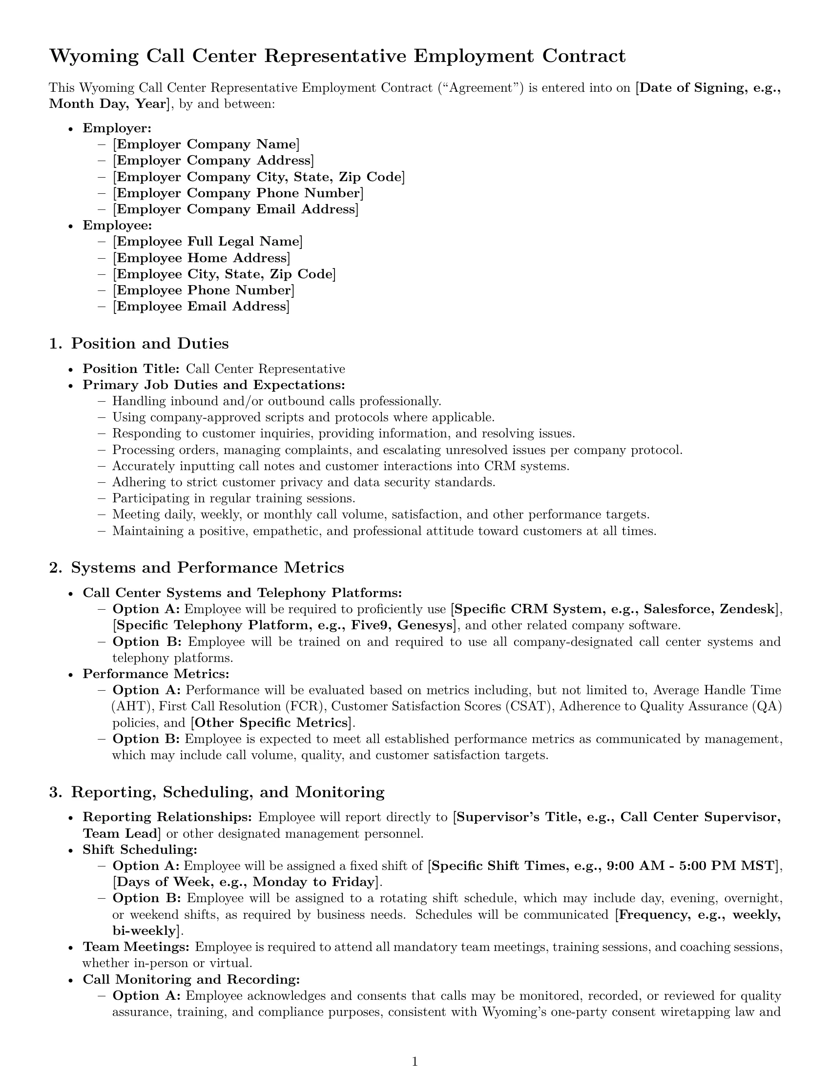 Preview page 1 of Pro Wyoming call center representative employment contract template