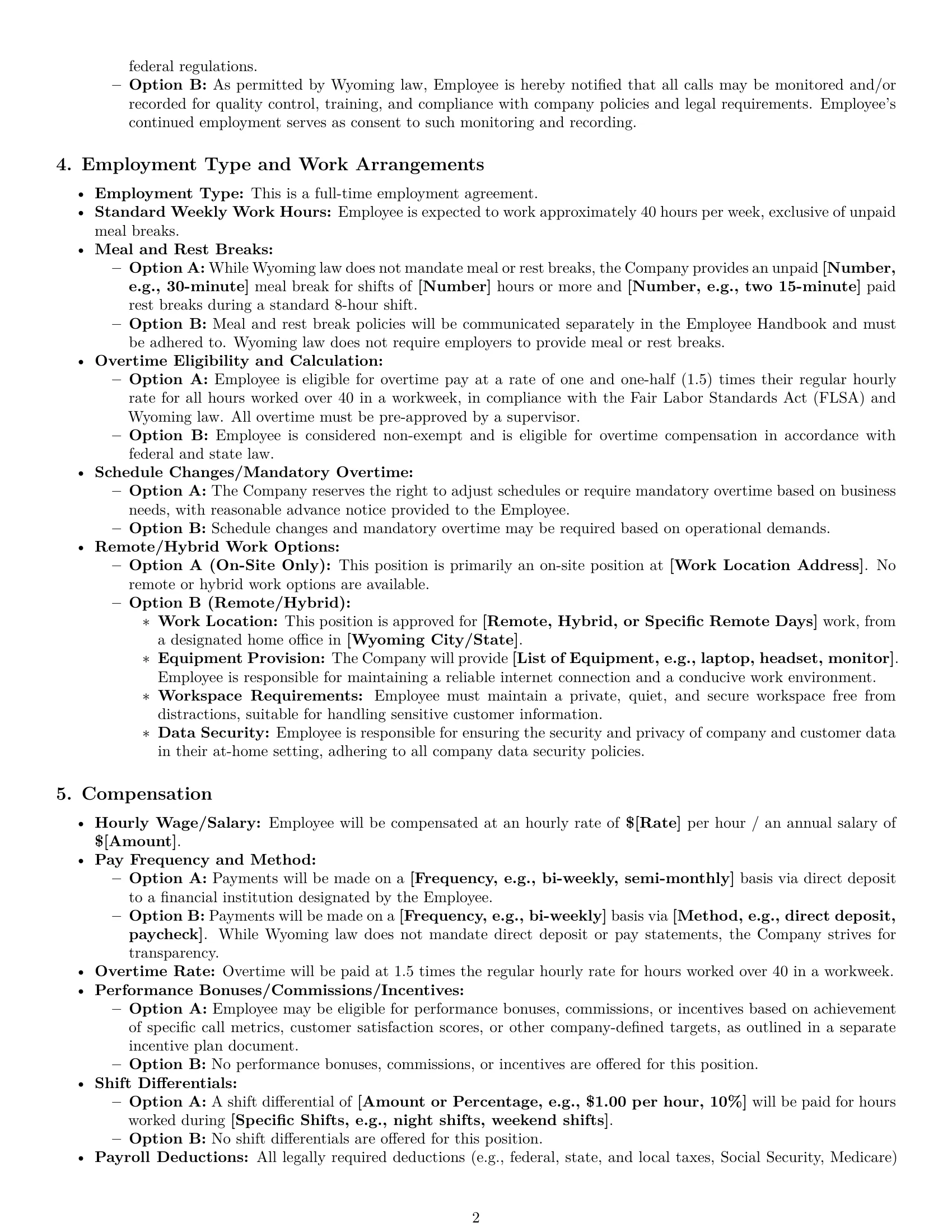 Preview page 2 of Pro Wyoming call center representative employment contract template