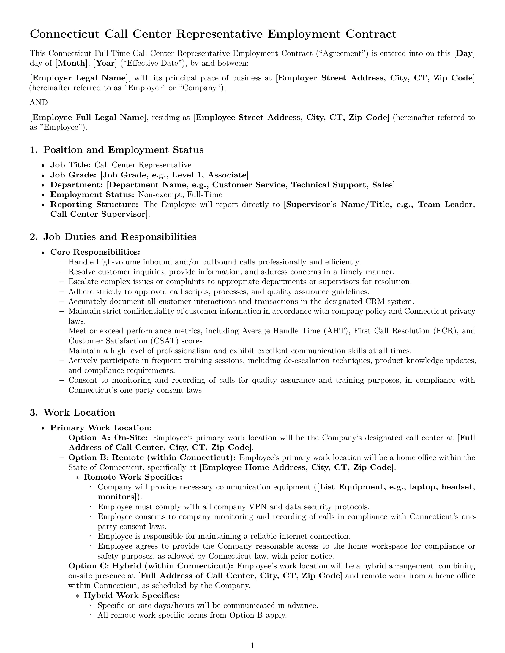Preview page 1 of Pro Connecticut call center representative employment contract template