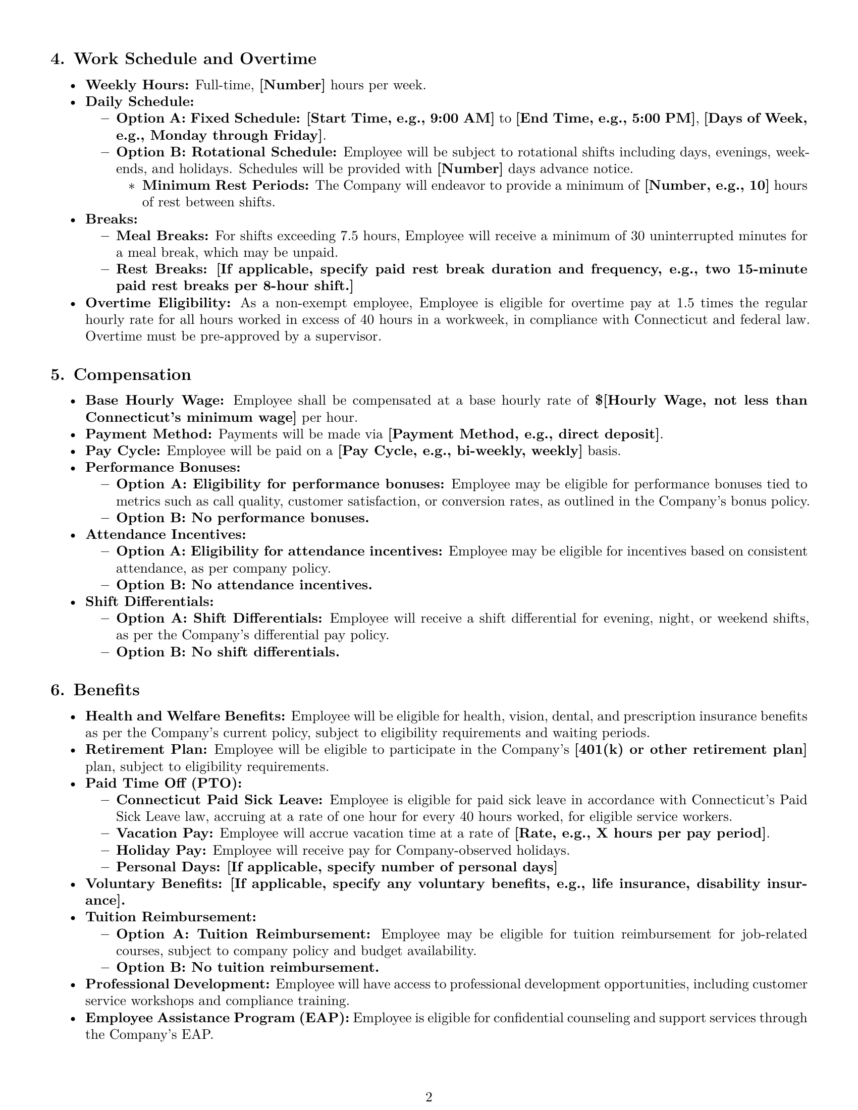 Preview page 2 of Pro Connecticut call center representative employment contract template