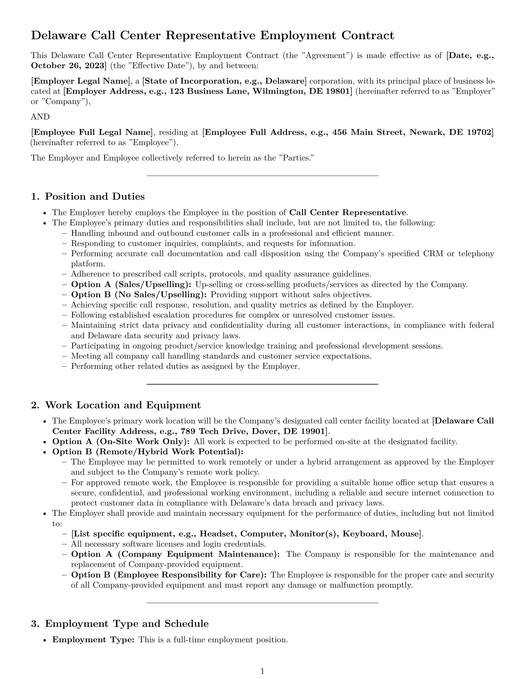 Preview page 1 of Pro Delaware call center representative employment contract template