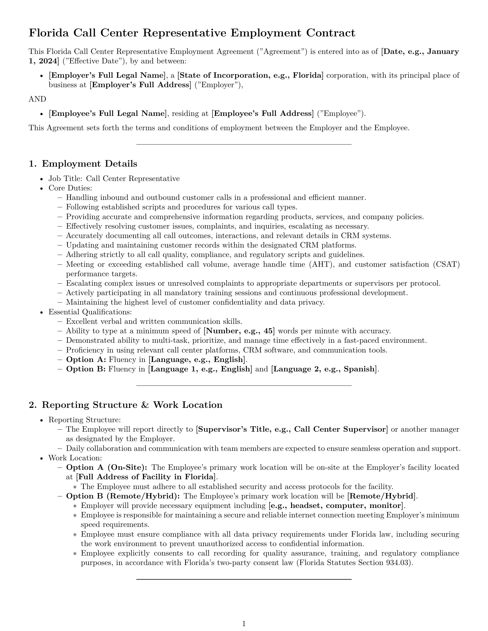 Preview page 1 of Pro Florida call center representative employment contract template
