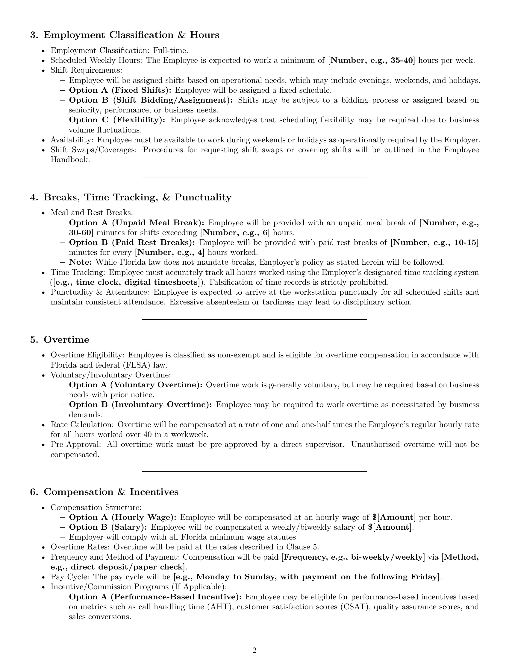 Preview page 2 of Pro Florida call center representative employment contract template