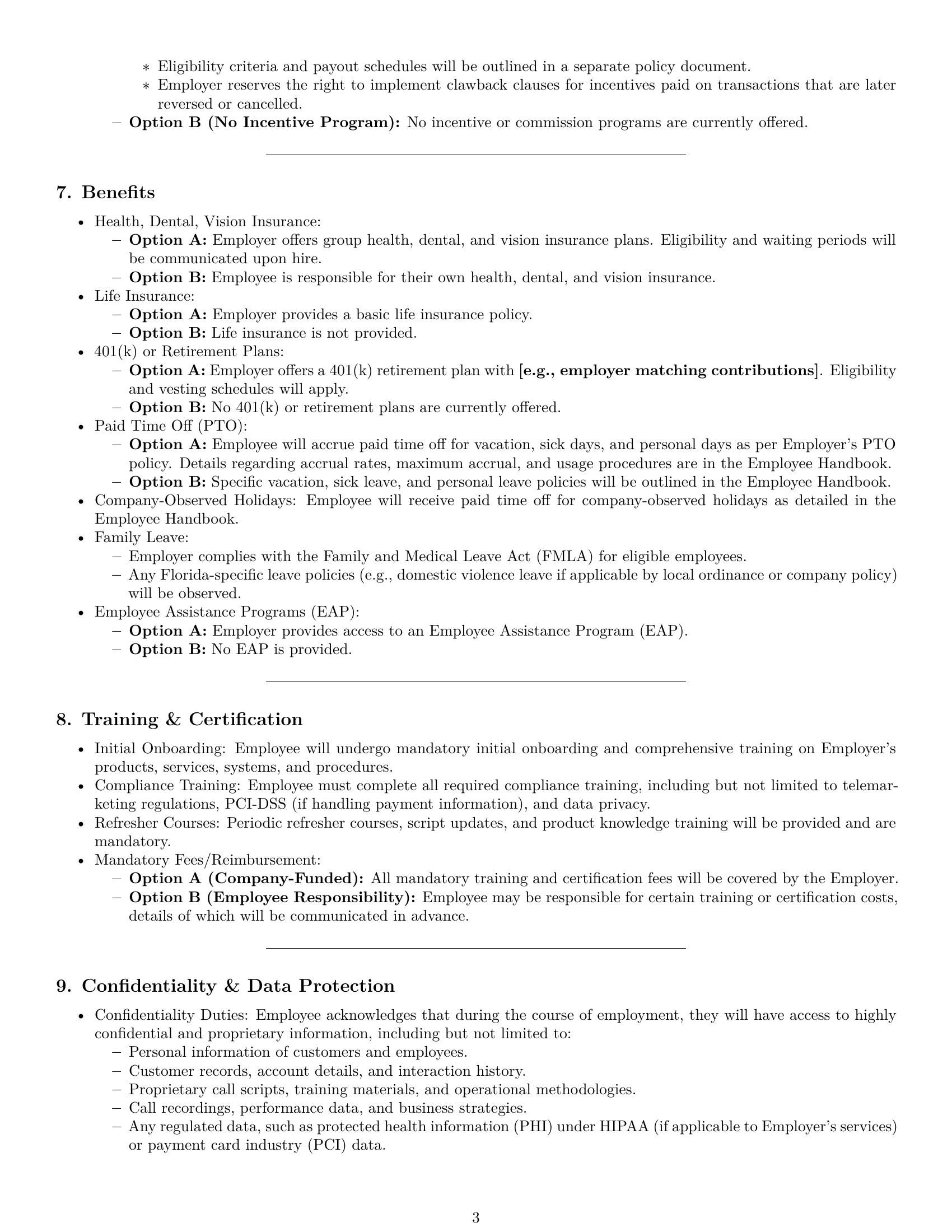 Preview page 3 of Pro Florida call center representative employment contract template