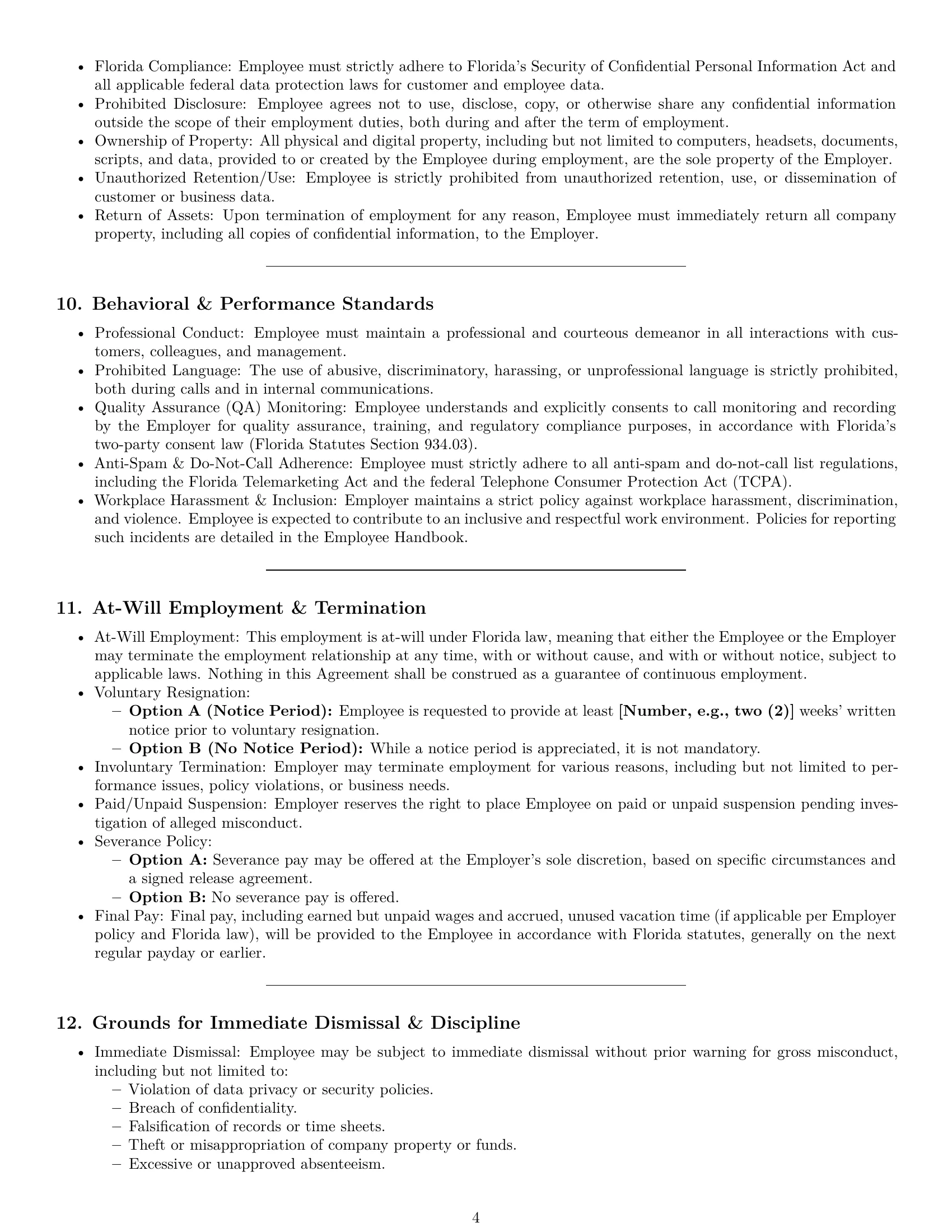 Preview page 4 of Pro Florida call center representative employment contract template
