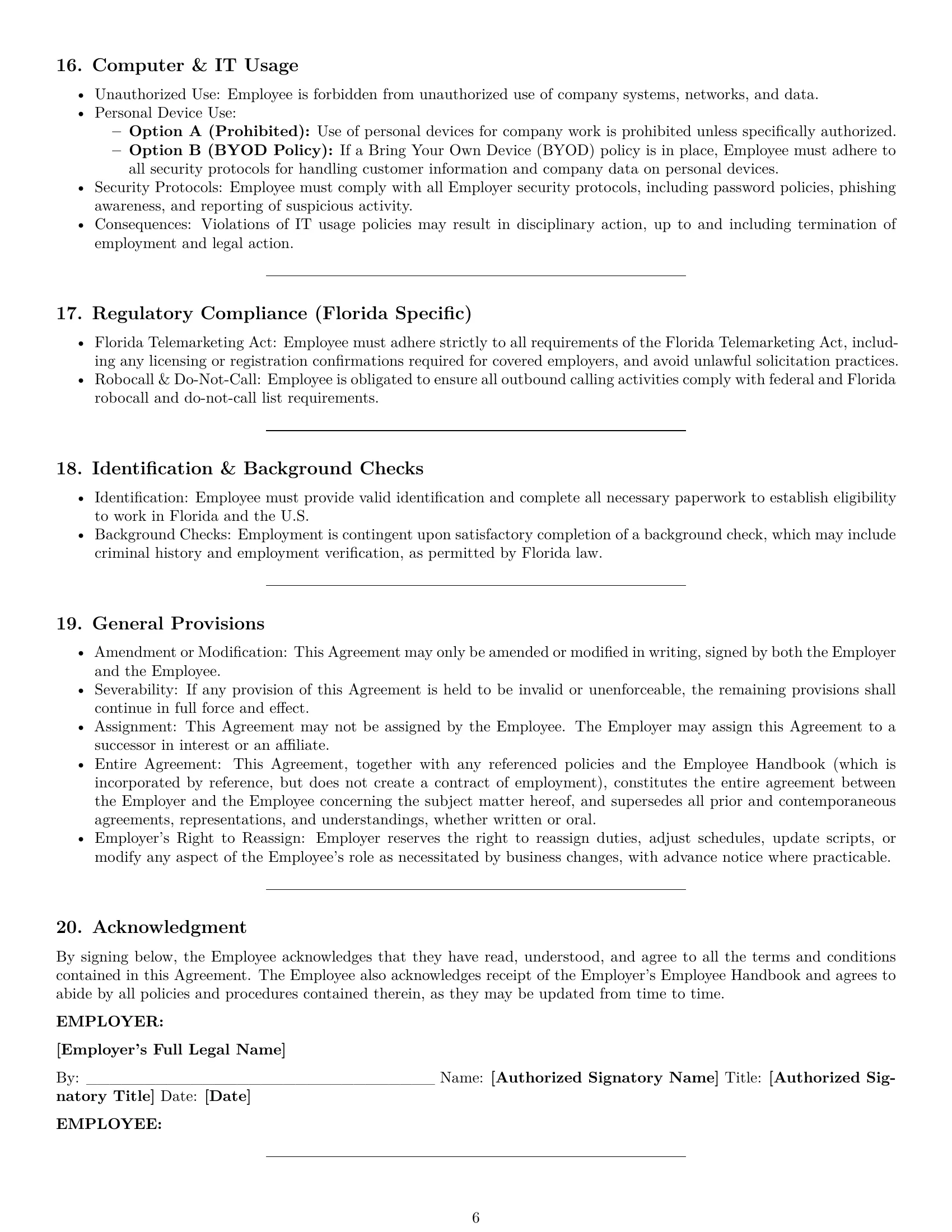 Preview page 6 of Pro Florida call center representative employment contract template