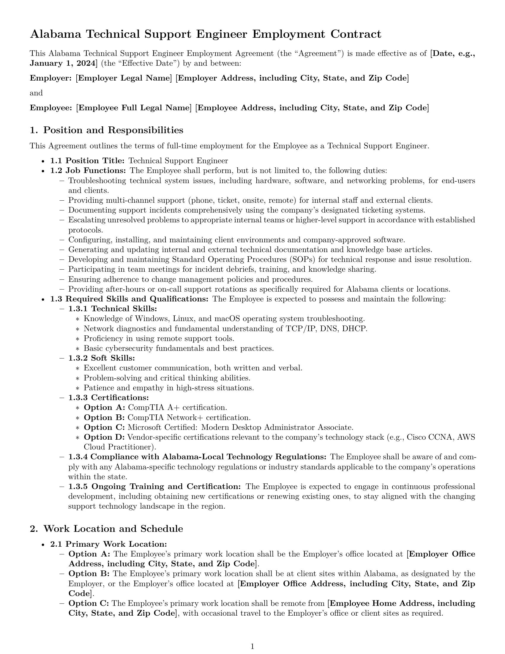 Preview page 1 of Pro Alabama technical support engineer employment contract template