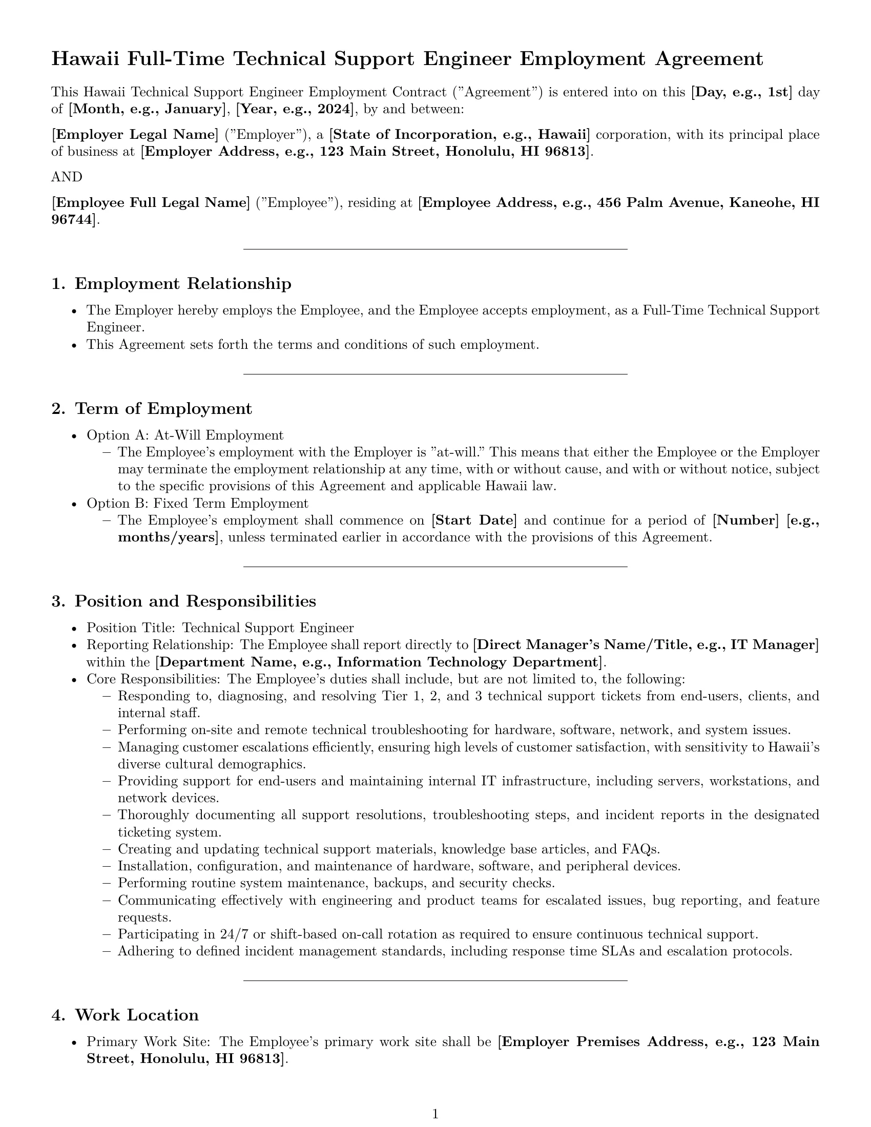 Preview page 1 of Pro Hawaii technical support engineer employment contract template