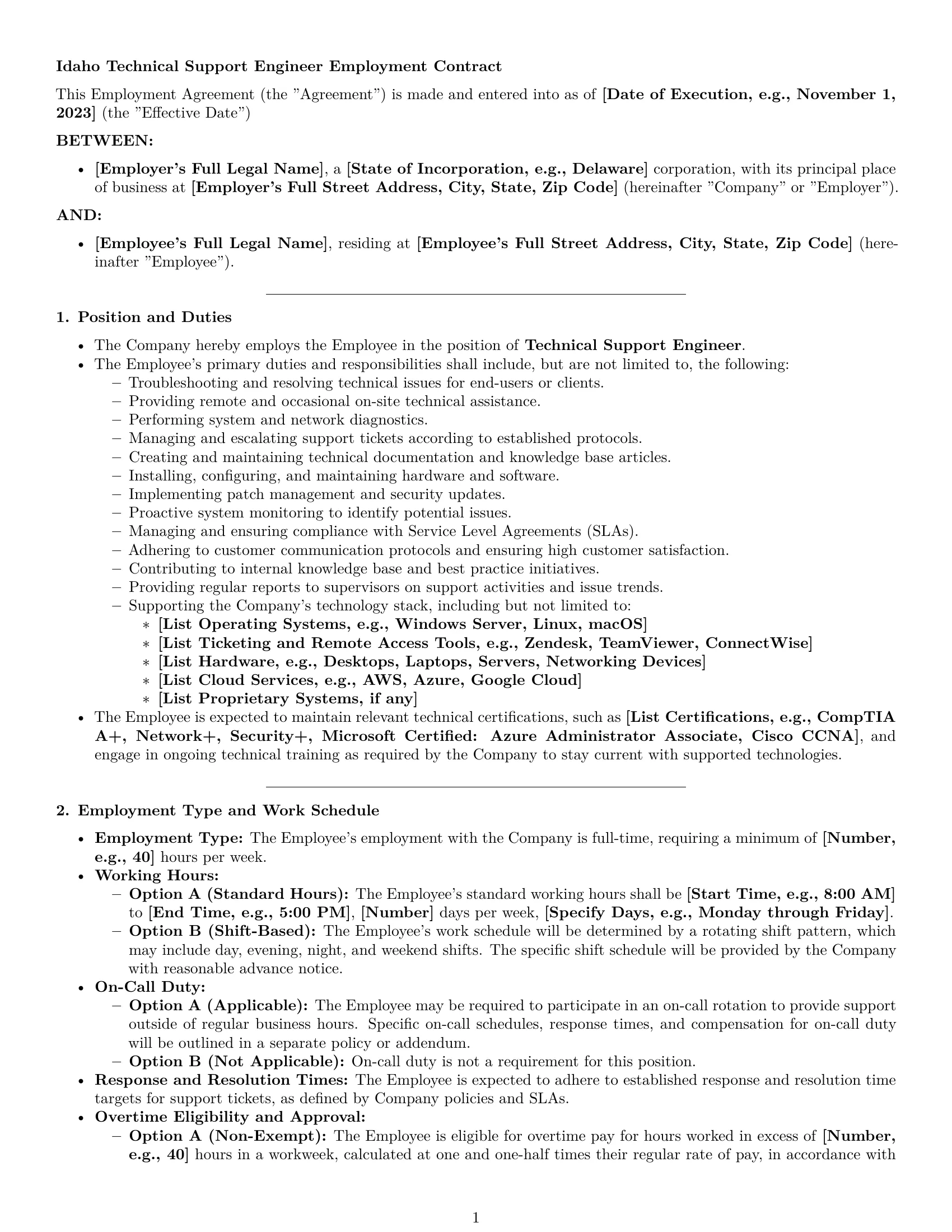 Preview page 1 of Pro Idaho technical support engineer employment contract template