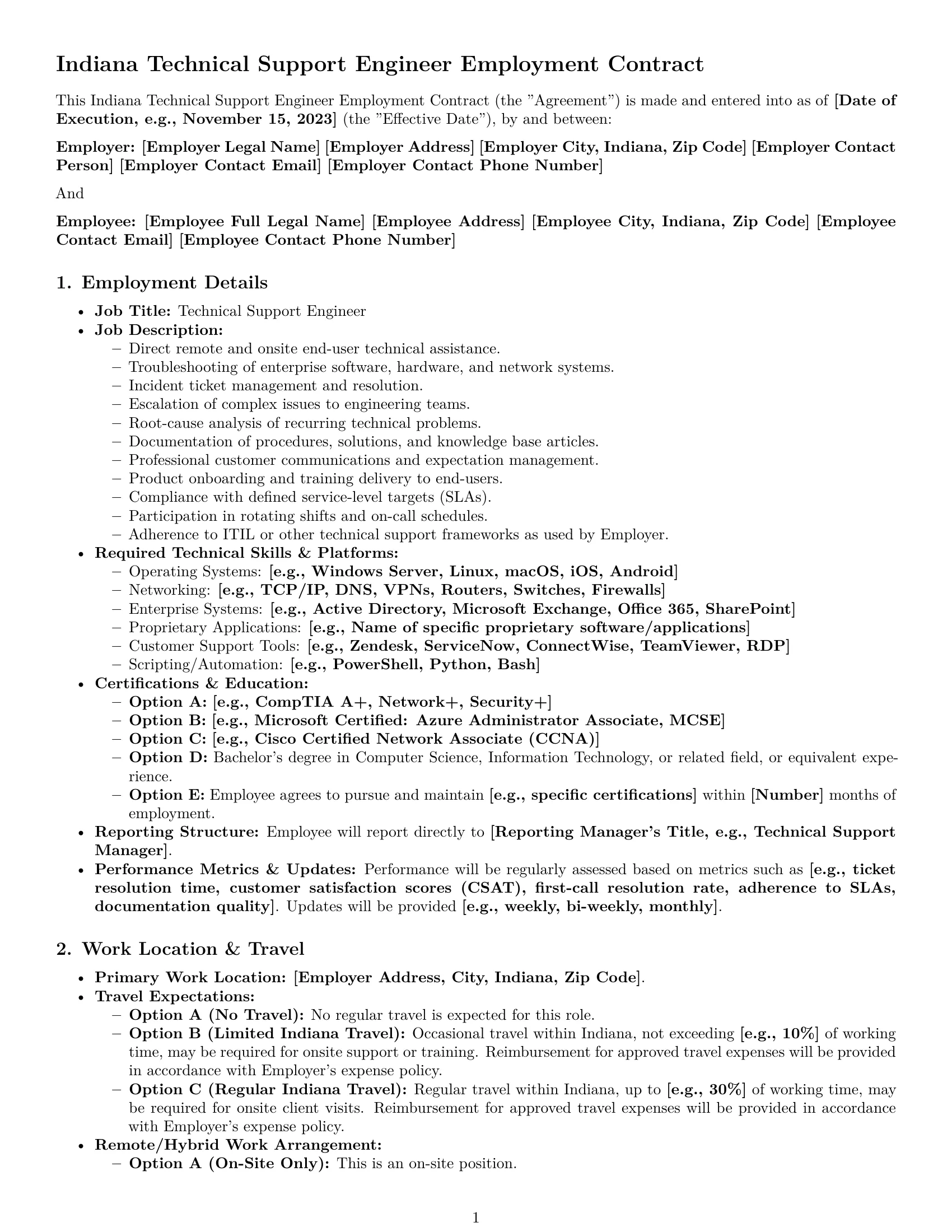 Preview page 1 of Pro Indiana technical support engineer employment contract template
