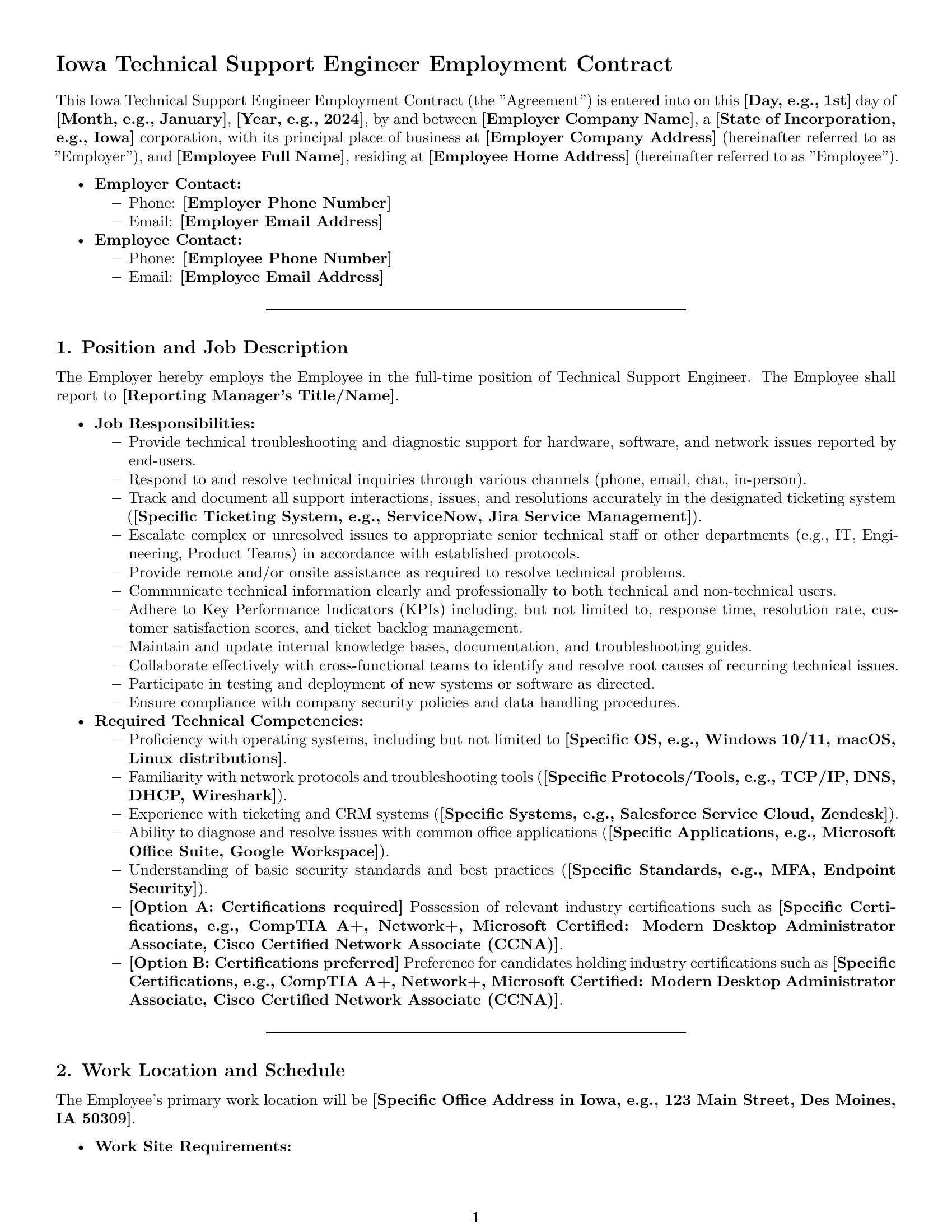 Preview page 1 of Pro Iowa technical support engineer employment contract template