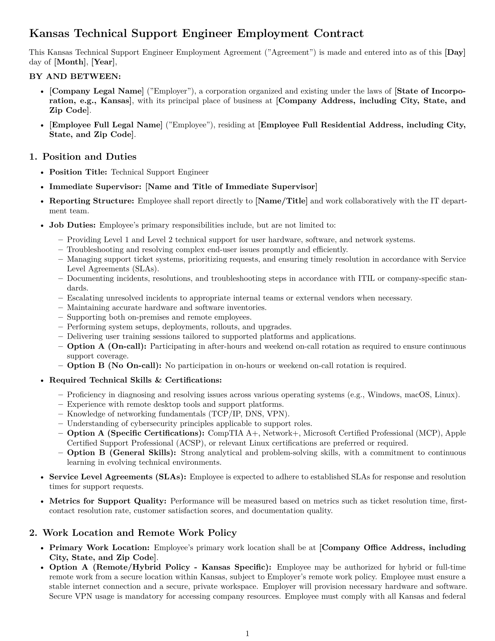 Preview page 1 of Pro Kansas technical support engineer employment contract template