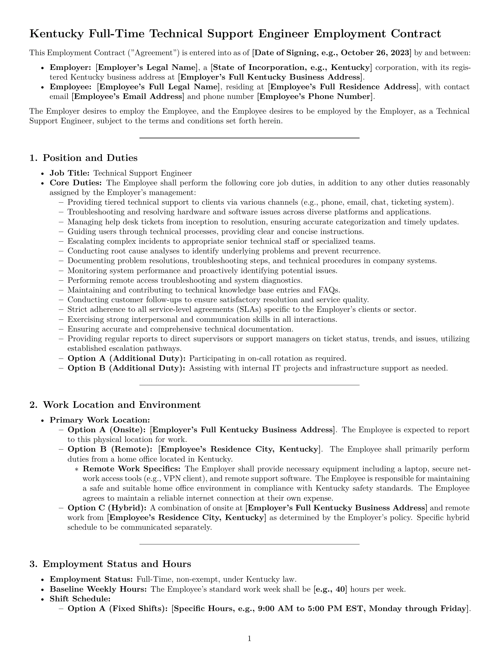 Preview page 1 of Pro Kentucky technical support engineer employment contract template