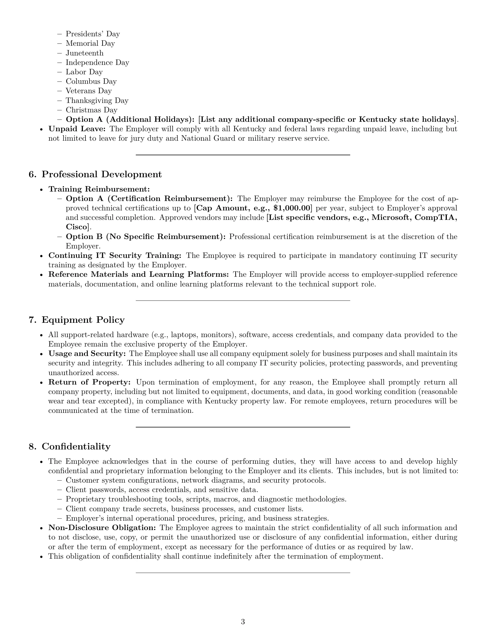 Preview page 3 of Pro Kentucky technical support engineer employment contract template