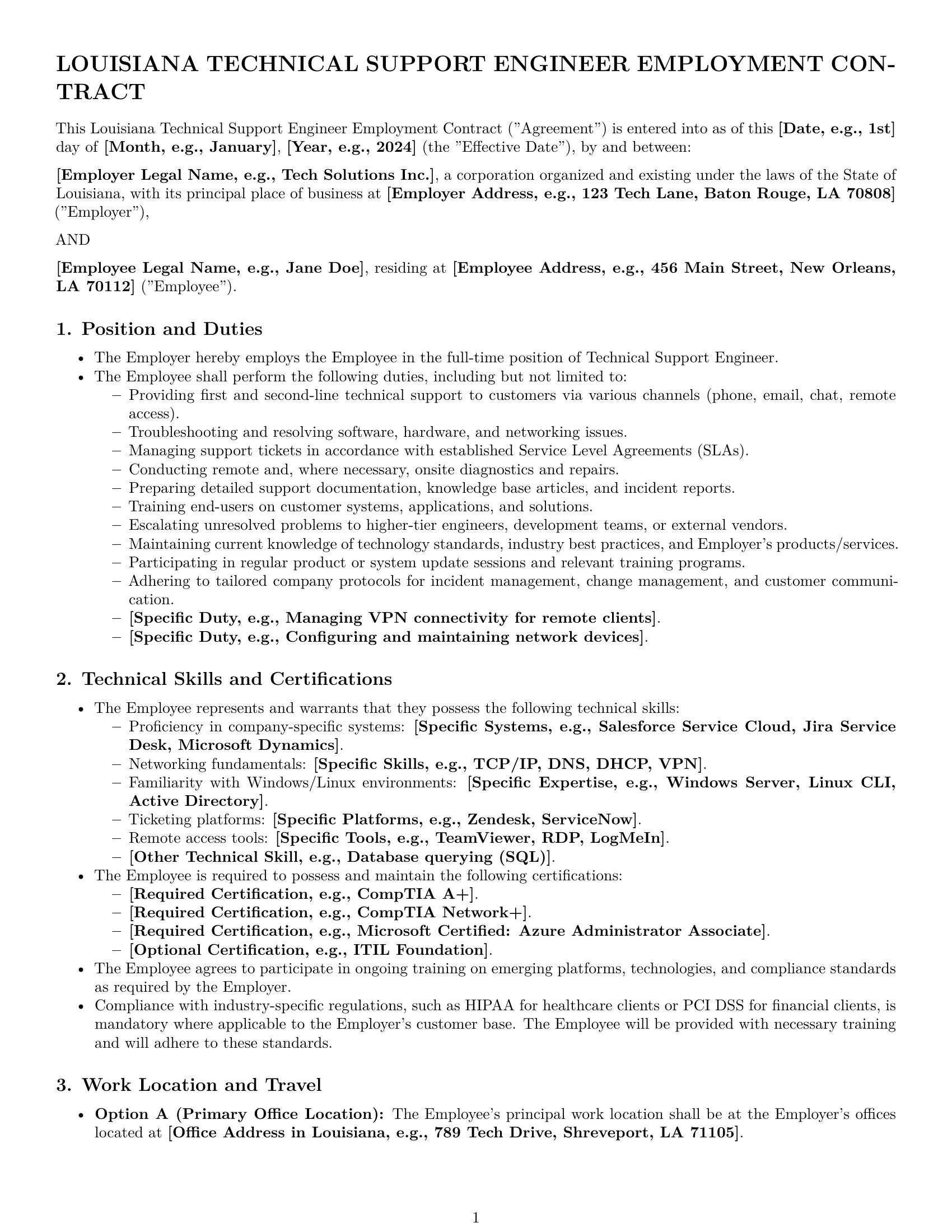 Preview page 1 of Pro Louisiana technical support engineer employment contract template