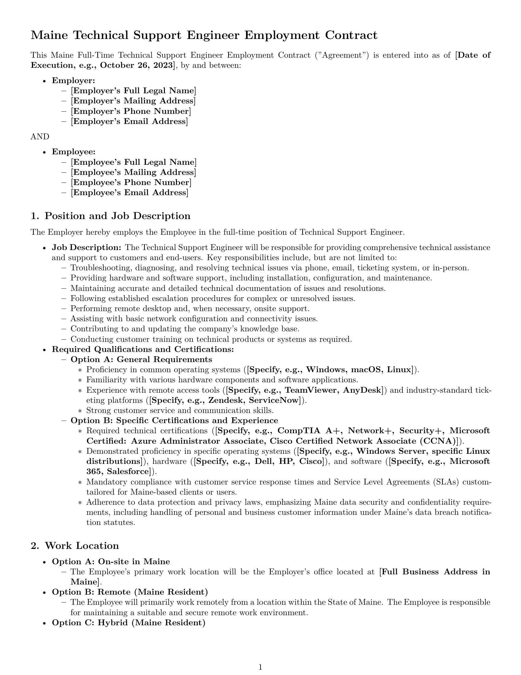 Preview page 1 of Pro Maine technical support engineer employment contract template
