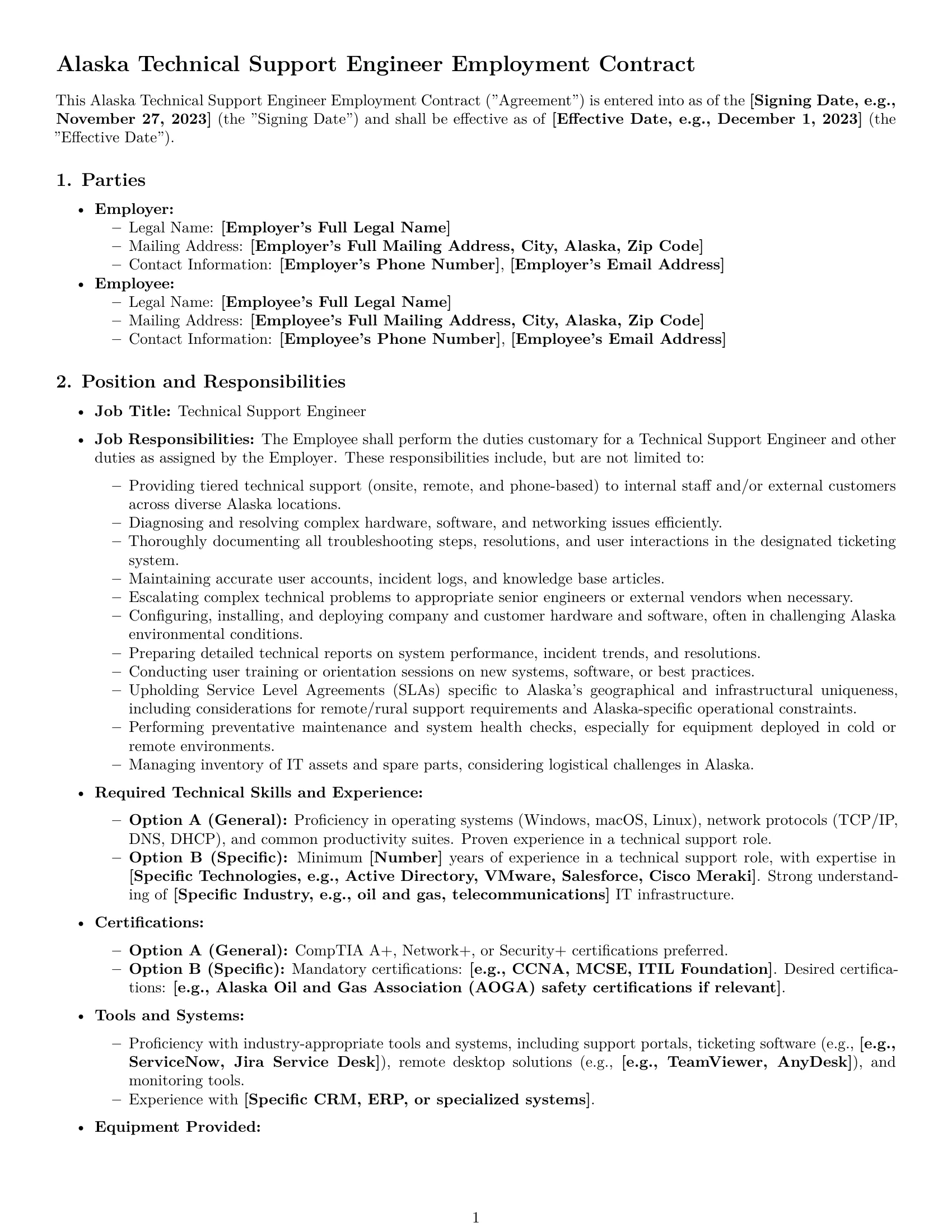 Preview page 1 of Pro Alaska technical support engineer employment contract template
