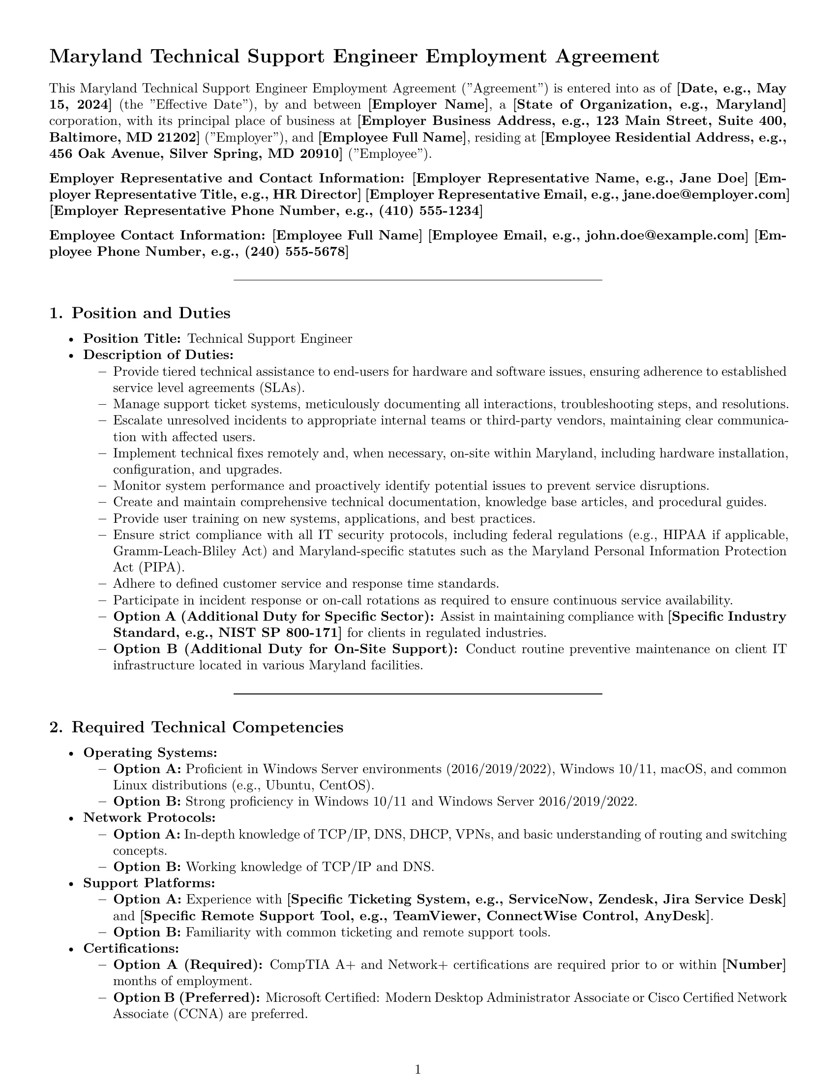Preview page 1 of Pro Maryland technical support engineer employment contract template