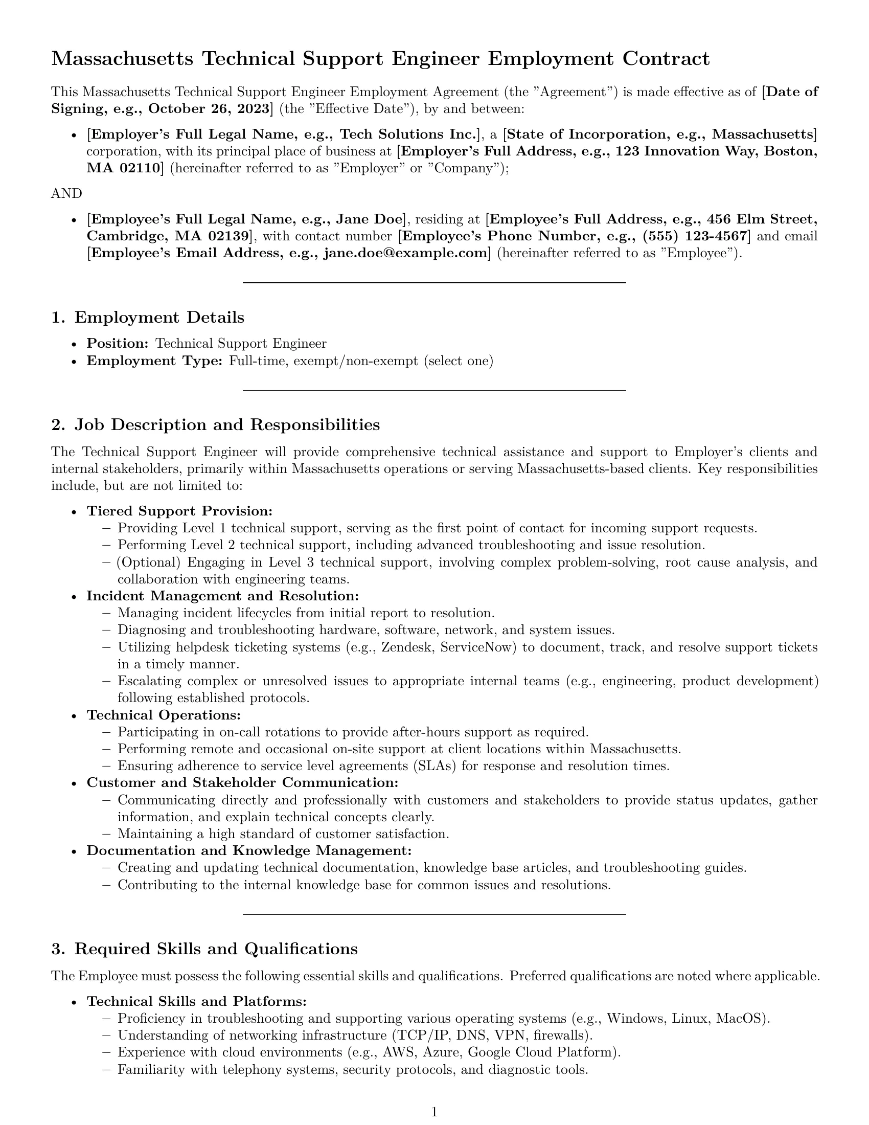 Preview page 1 of Pro Massachusetts technical support engineer employment contract template