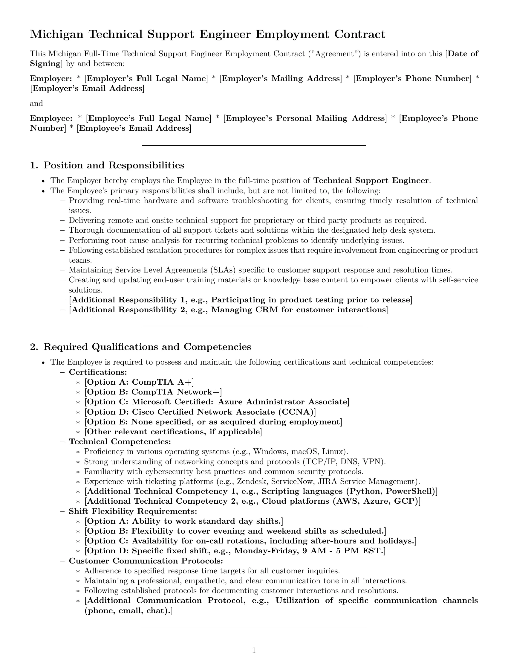 Preview page 1 of Pro Michigan technical support engineer employment contract template