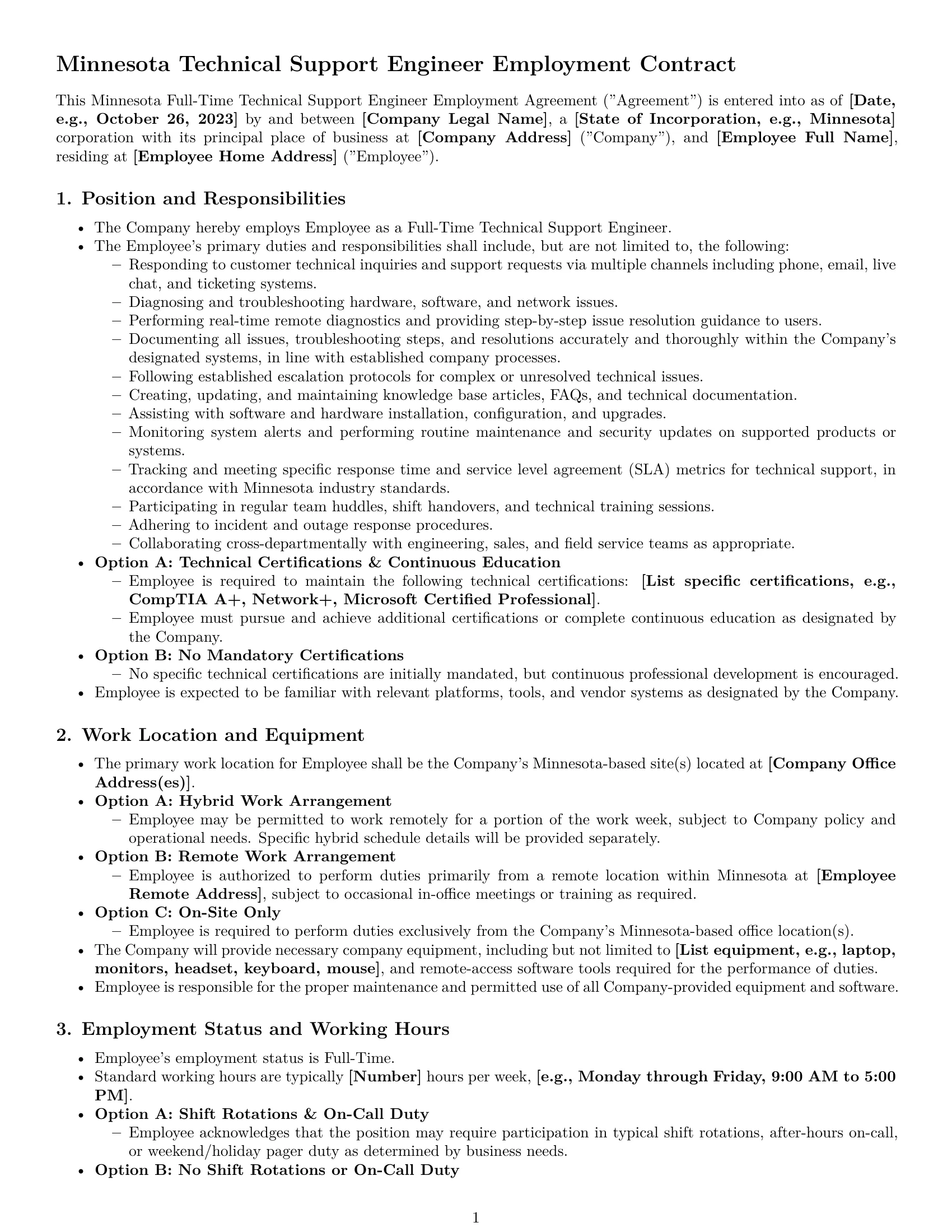 Preview page 1 of Pro Minnesota technical support engineer employment contract template