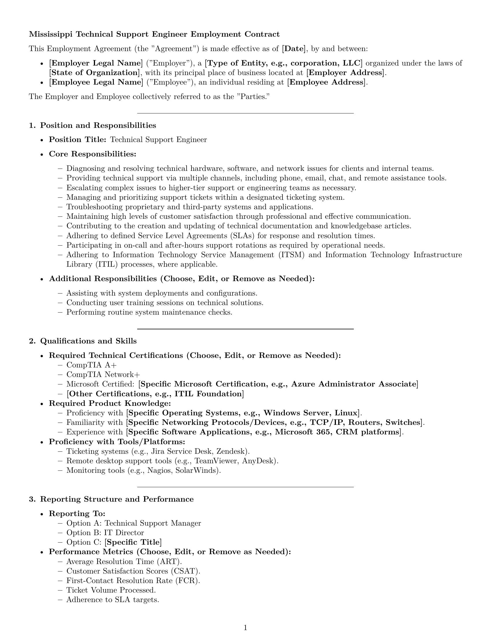 Preview page 1 of Pro Mississippi technical support engineer employment contract template