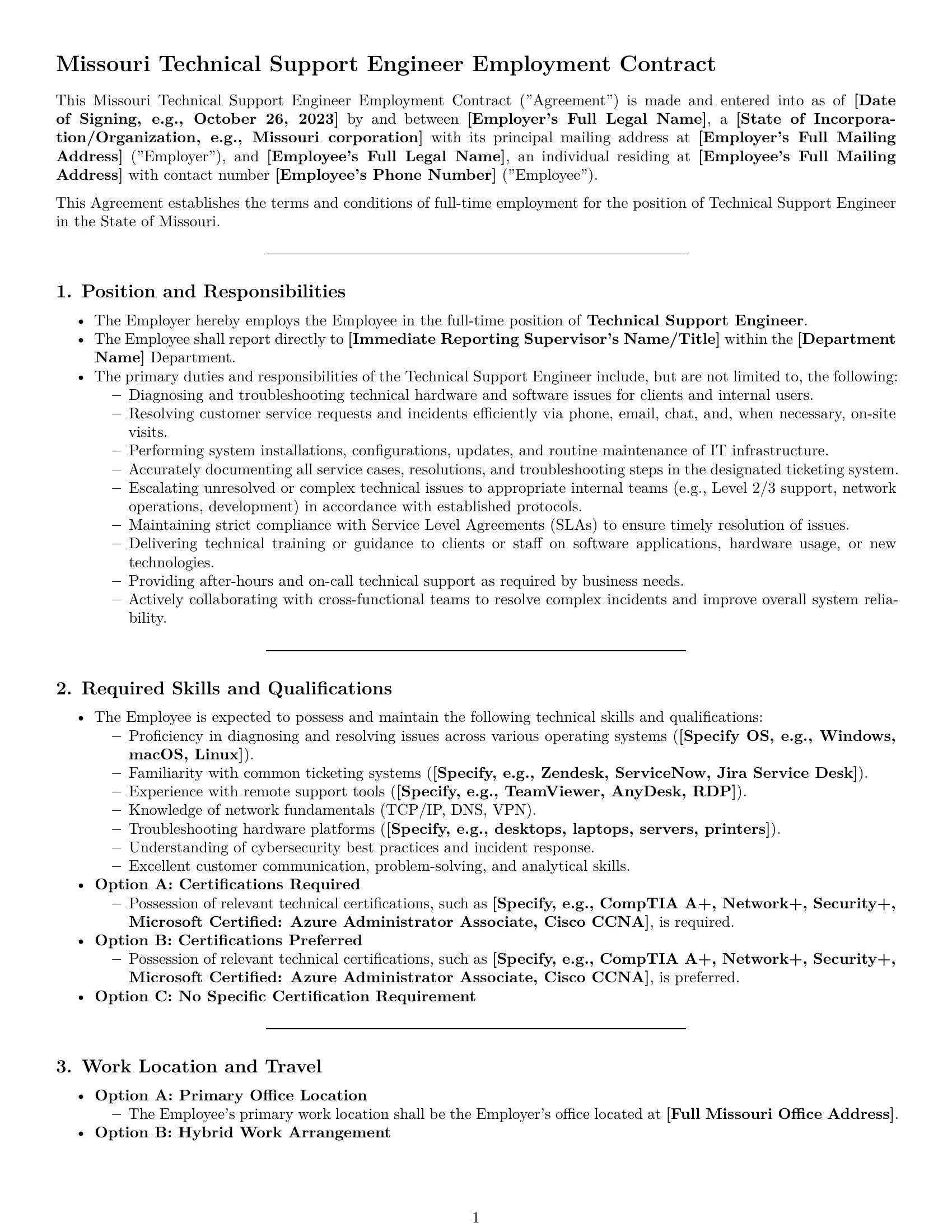 Preview page 1 of Pro Missouri technical support engineer employment contract template