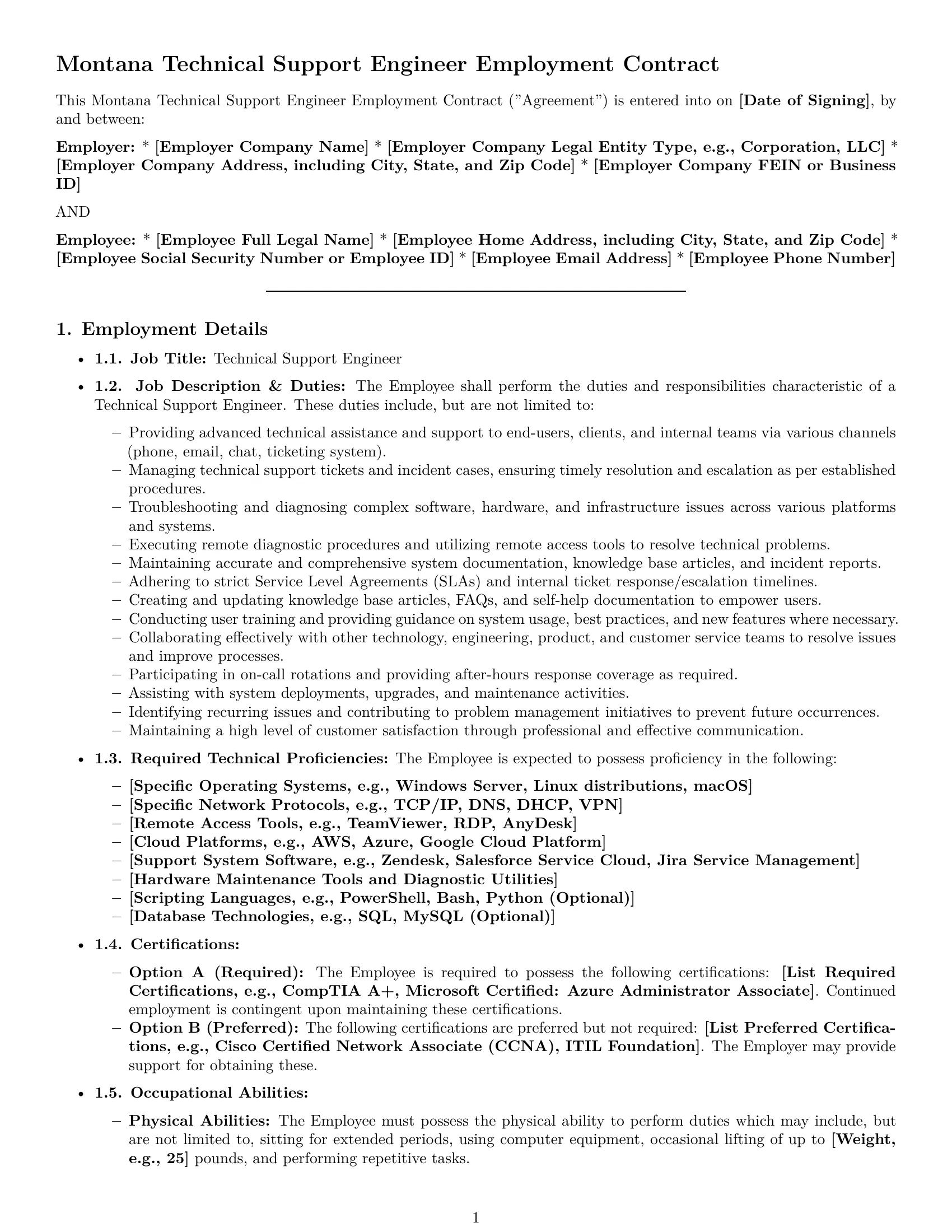 Preview page 1 of Pro Montana technical support engineer employment contract template