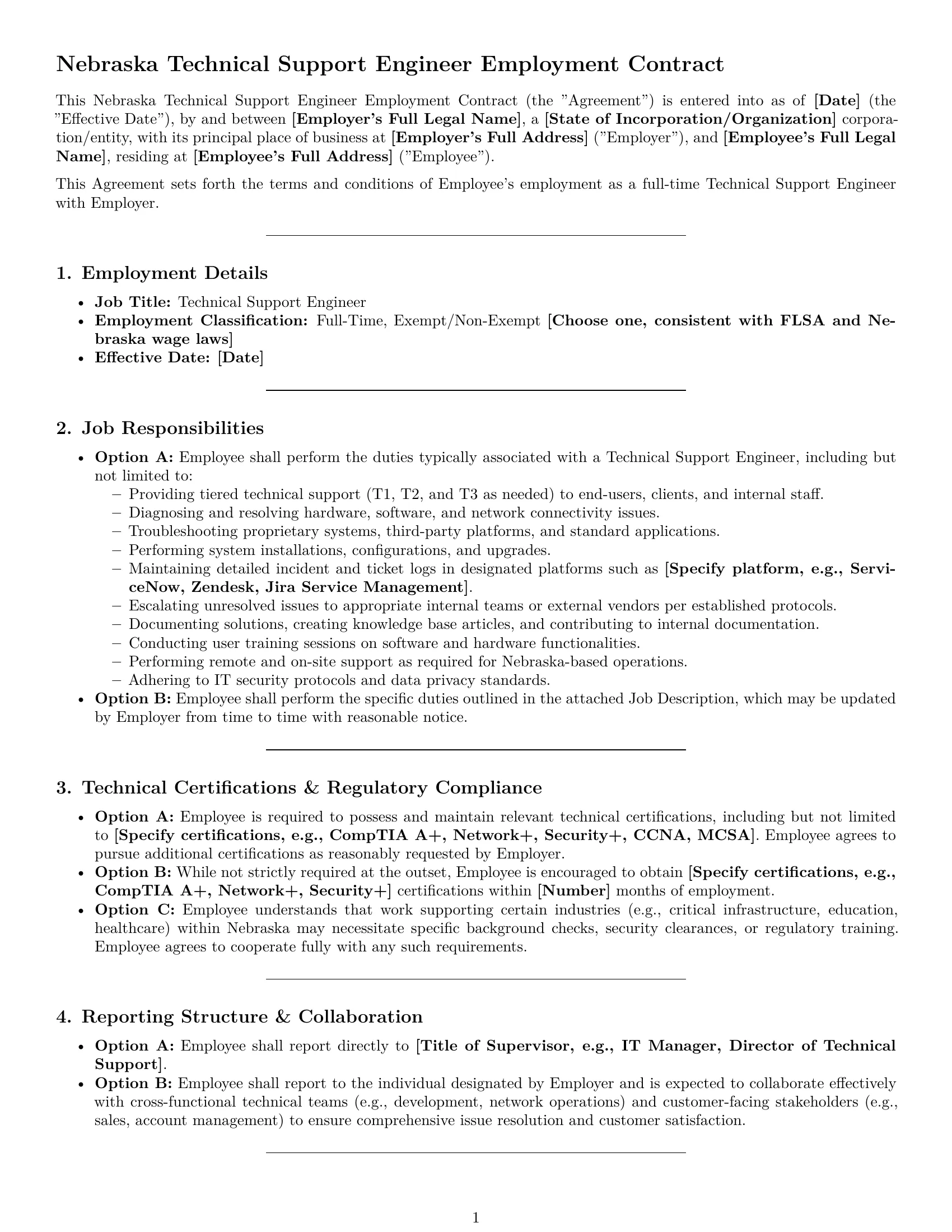 Preview page 1 of Pro Nebraska technical support engineer employment contract template