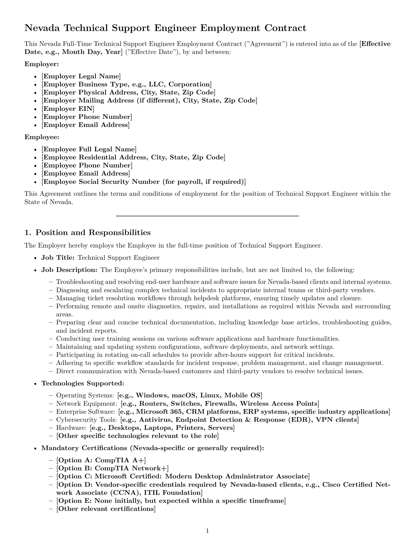 Preview page 1 of Pro Nevada technical support engineer employment contract template