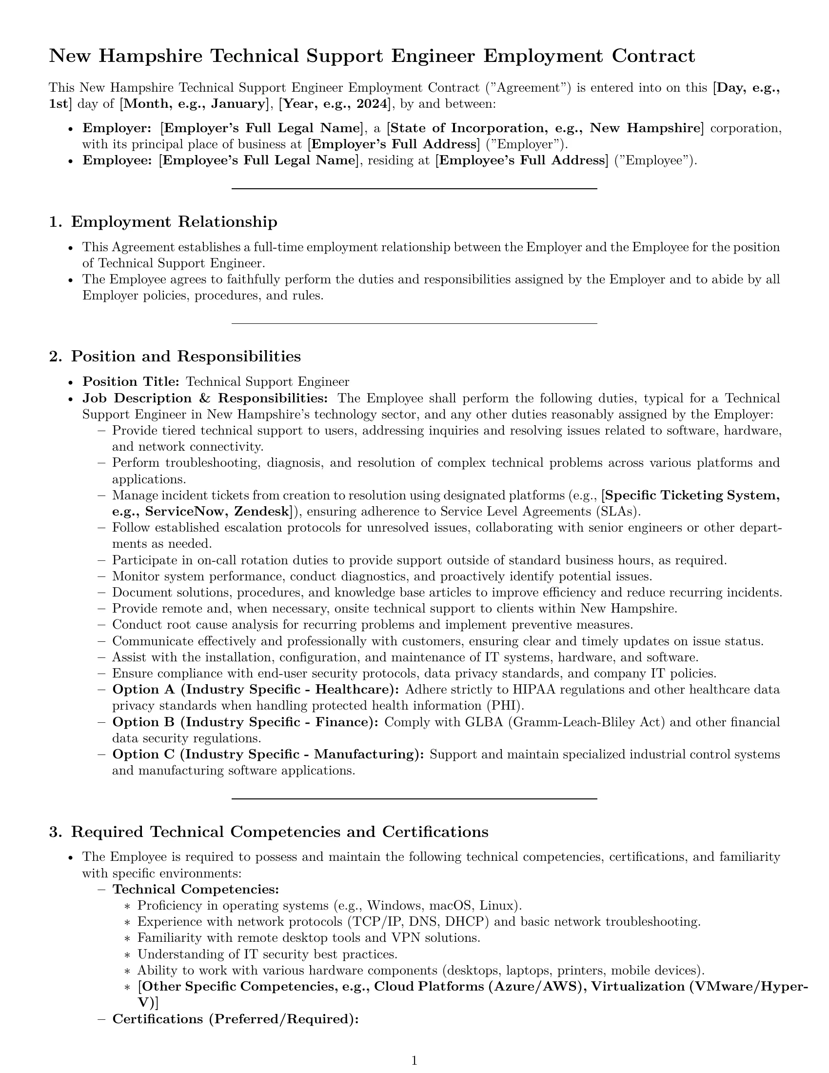 Preview page 1 of Pro New Hampshire technical support engineer employment contract template
