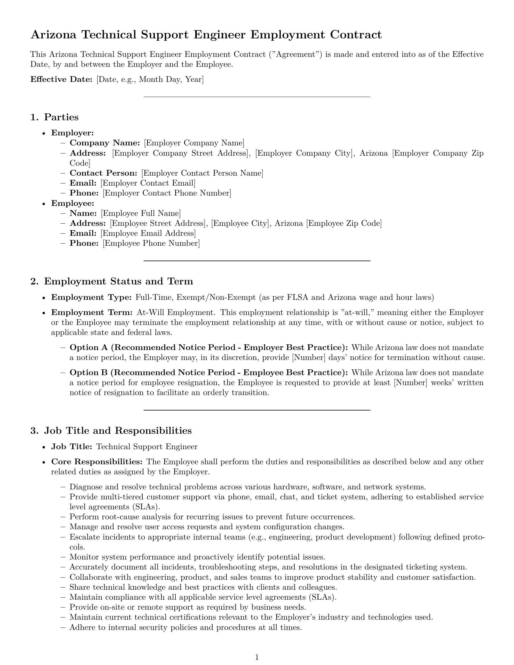 Preview page 1 of Pro Arizona technical support engineer employment contract template