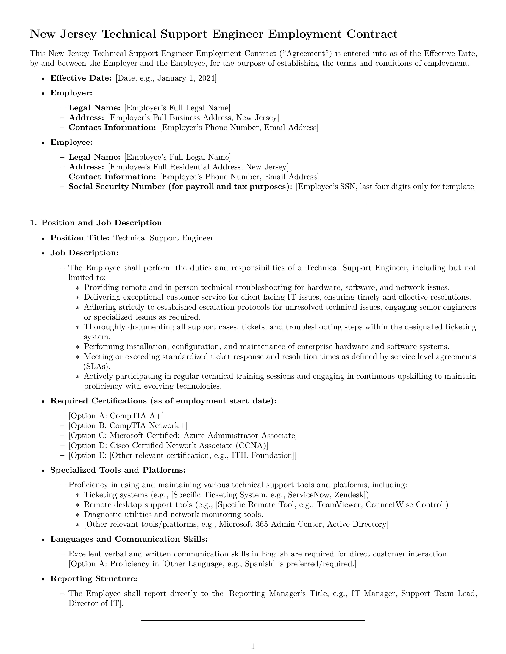 Preview page 1 of Pro New Jersey technical support engineer employment contract template