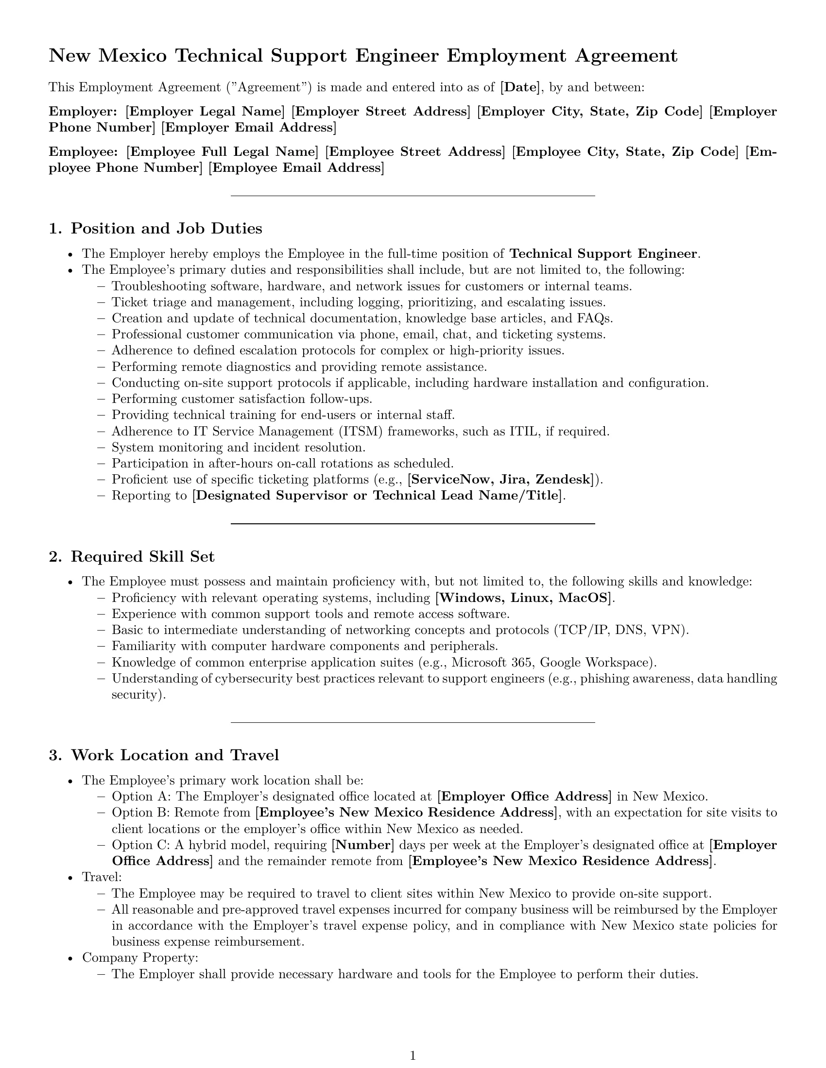 Preview page 1 of Pro New Mexico technical support engineer employment contract template