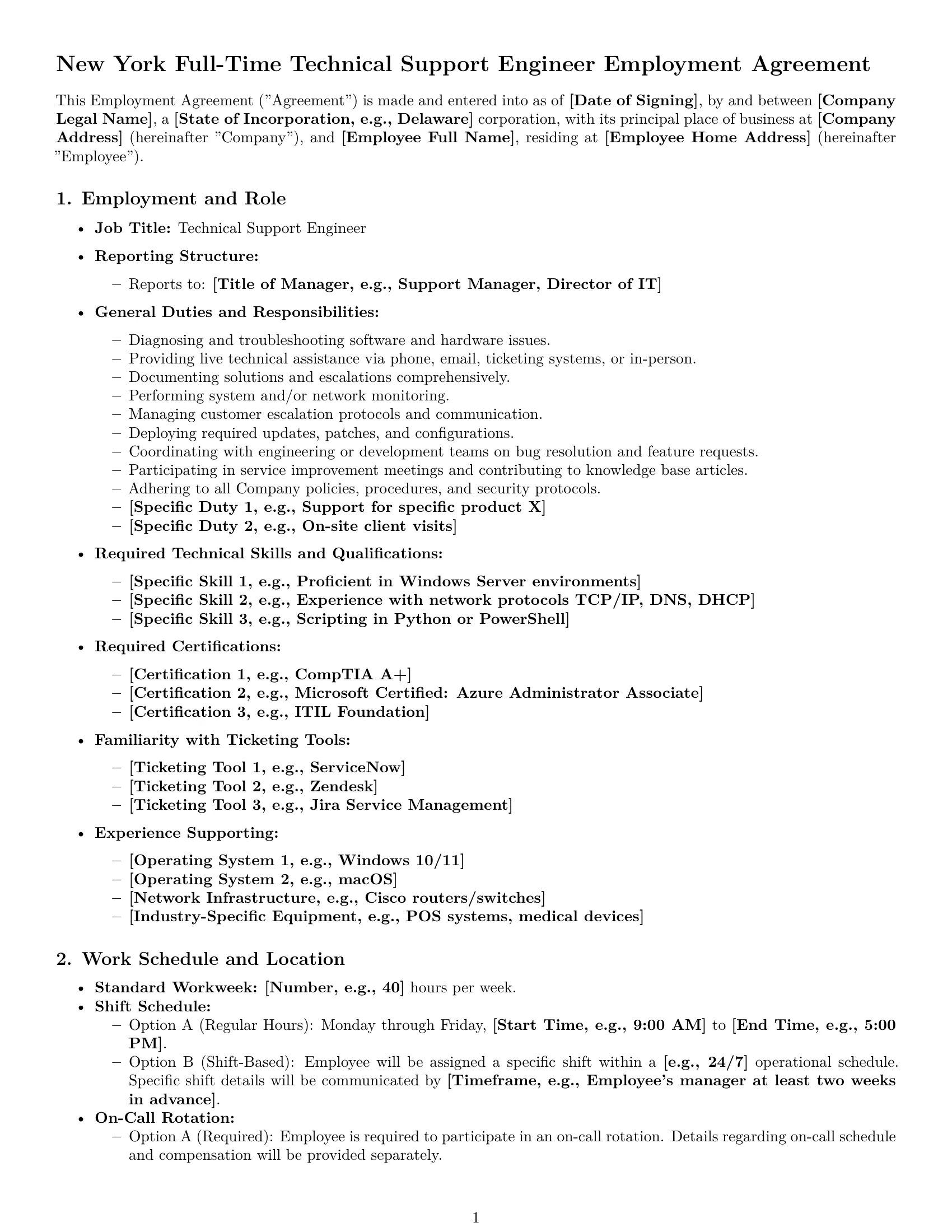 Preview page 1 of Pro New York technical support engineer employment contract template