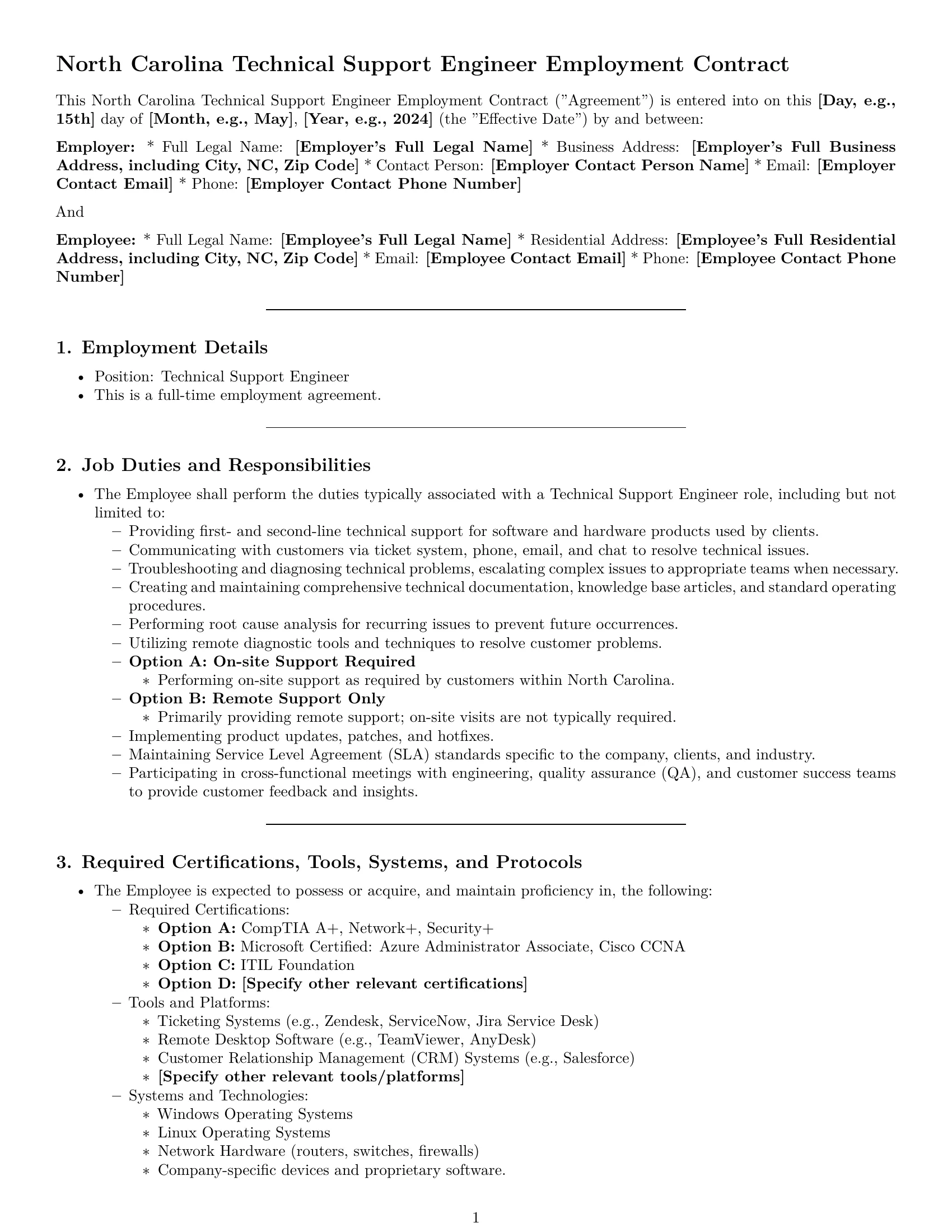 Preview page 1 of Pro North Carolina technical support engineer employment contract template