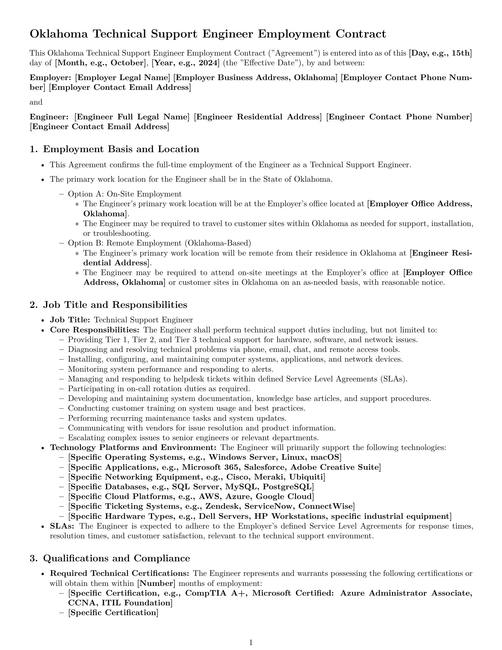 Preview page 1 of Pro Oklahoma technical support engineer employment contract template