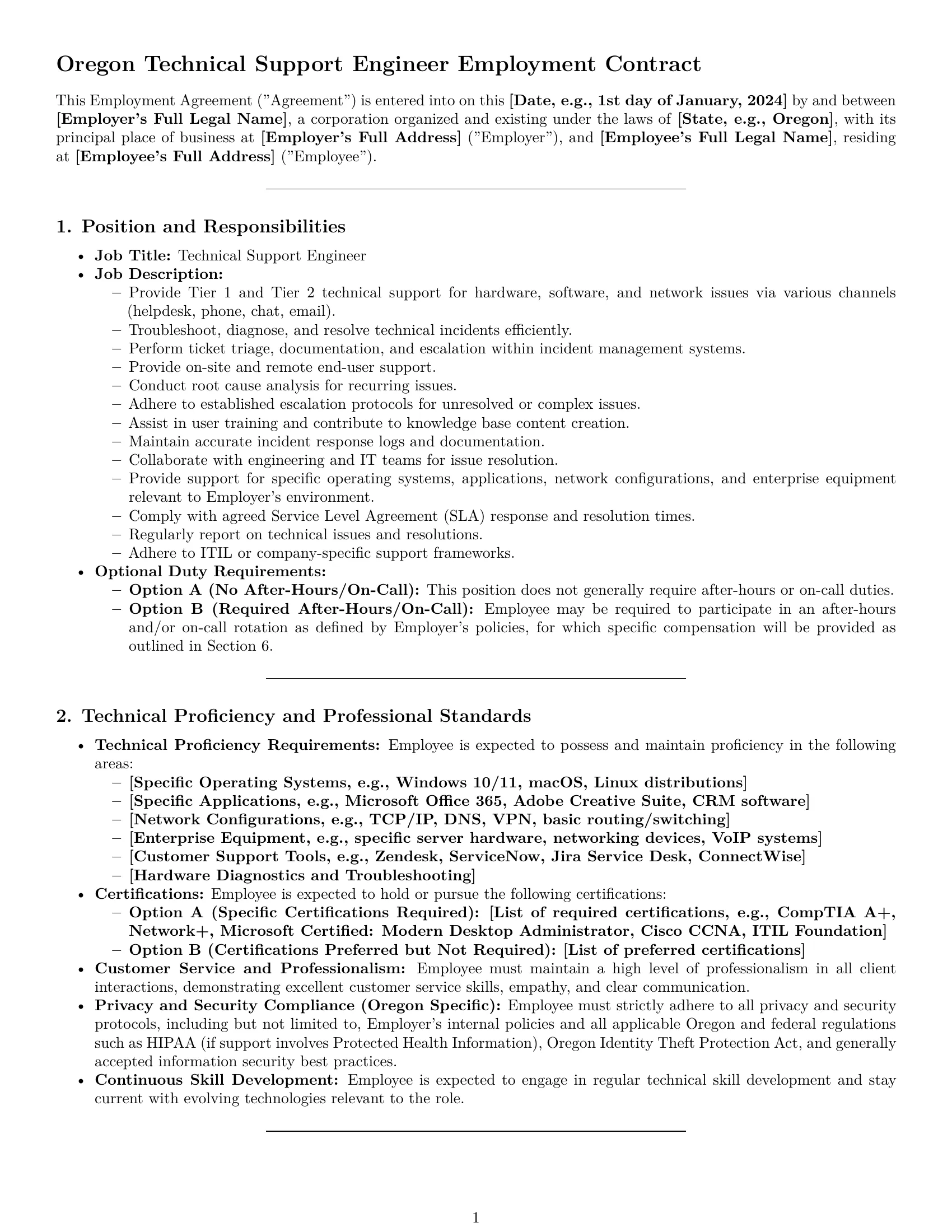 Preview page 1 of Pro Oregon technical support engineer employment contract template
