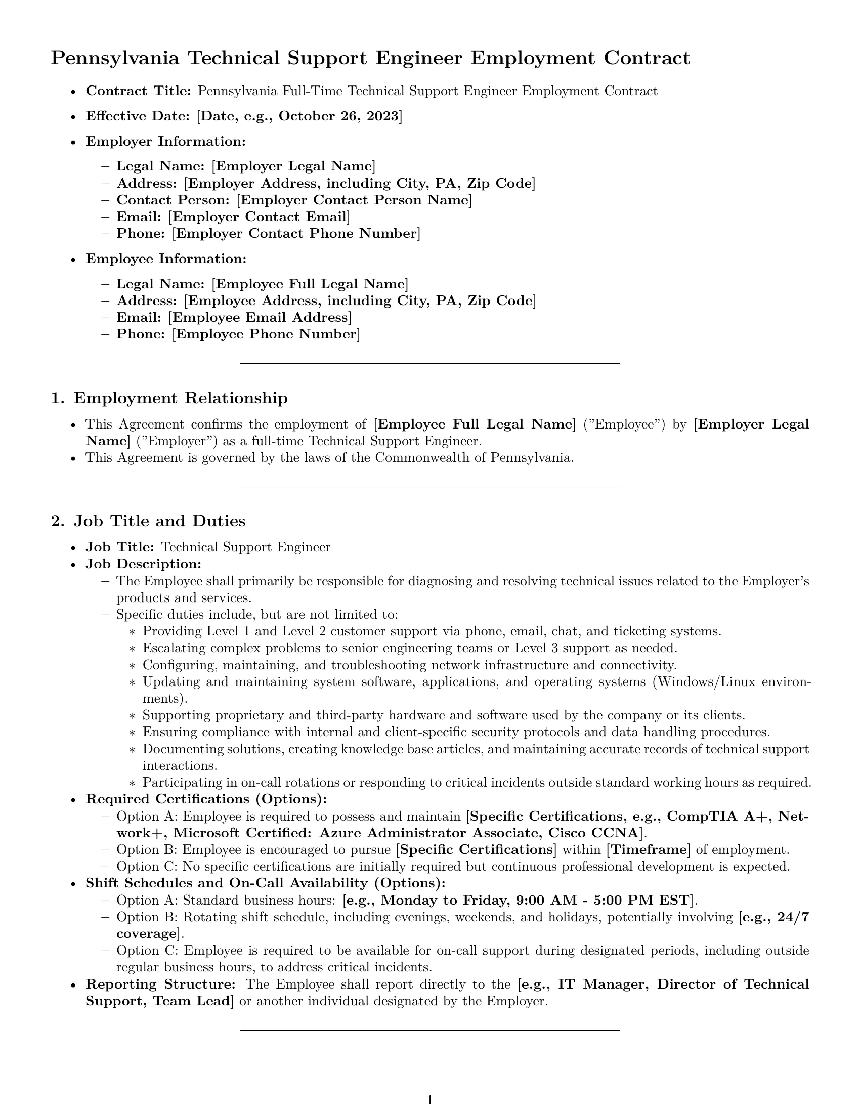 Preview page 1 of Pro Pennsylvania technical support engineer employment contract template