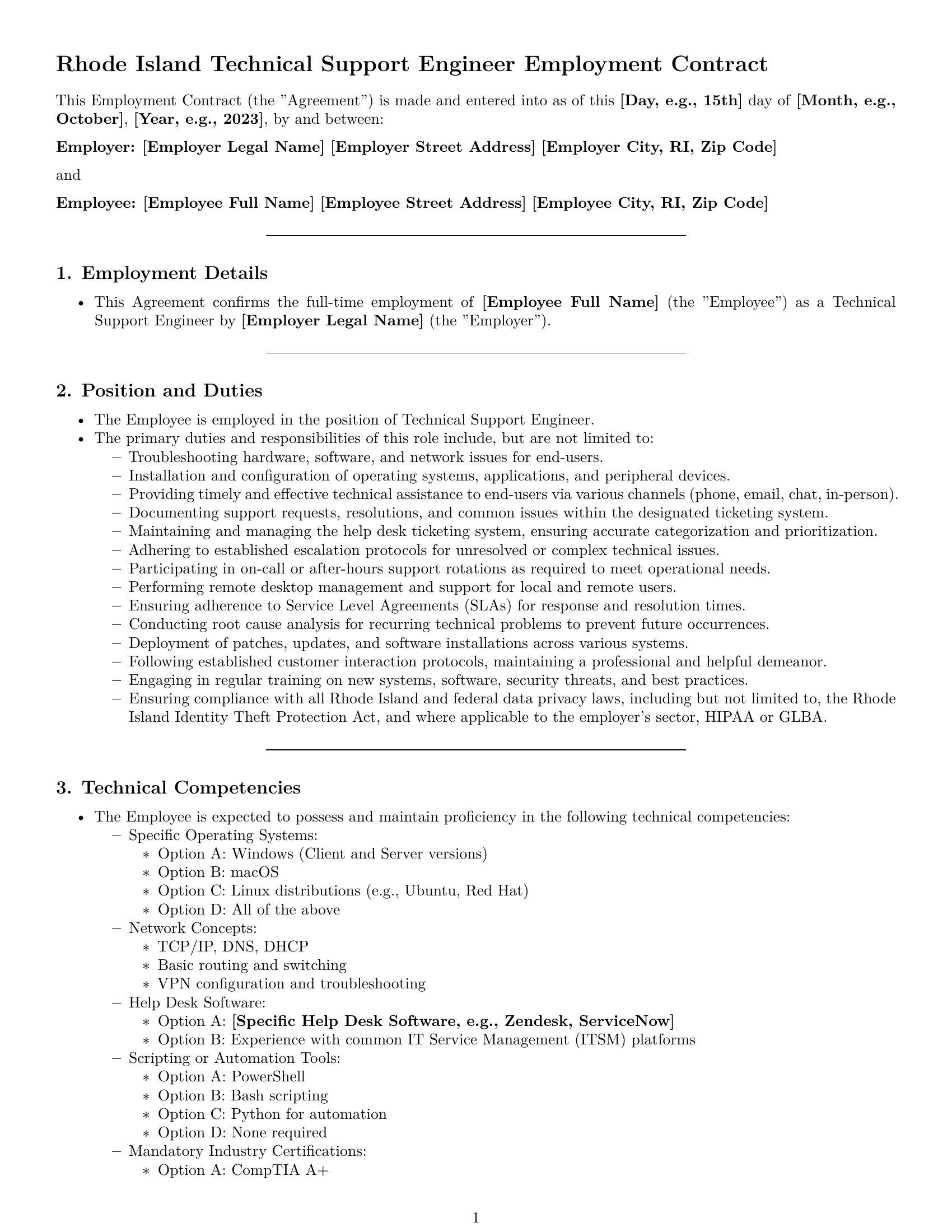 Preview page 1 of Pro Rhode Island technical support engineer employment contract template
