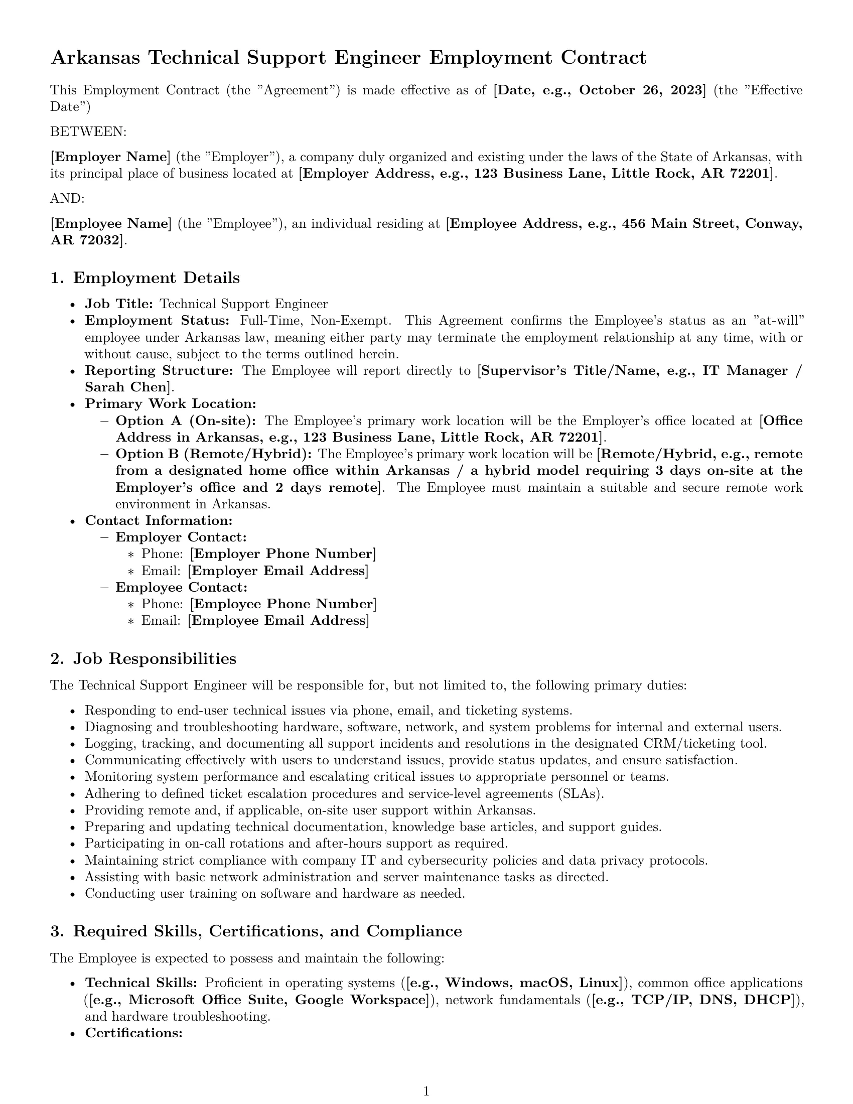 Preview page 1 of Pro Arkansas technical support engineer employment contract template