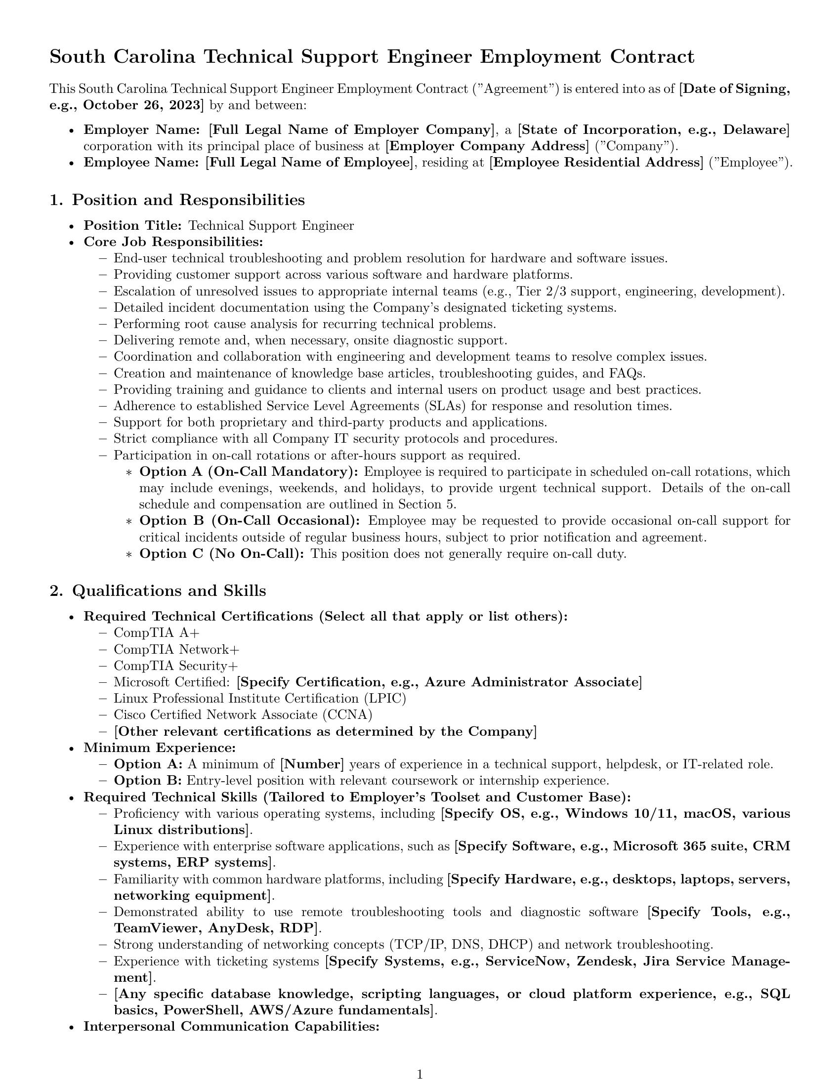Preview page 1 of Pro South Carolina technical support engineer employment contract template