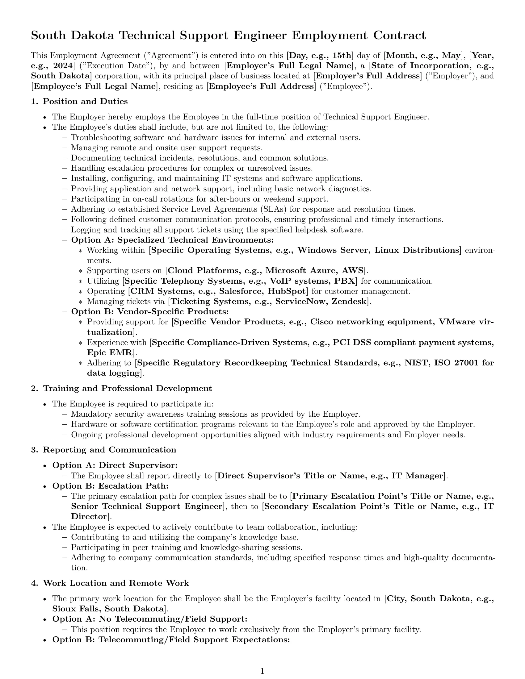 Preview page 1 of Pro South Dakota technical support engineer employment contract template