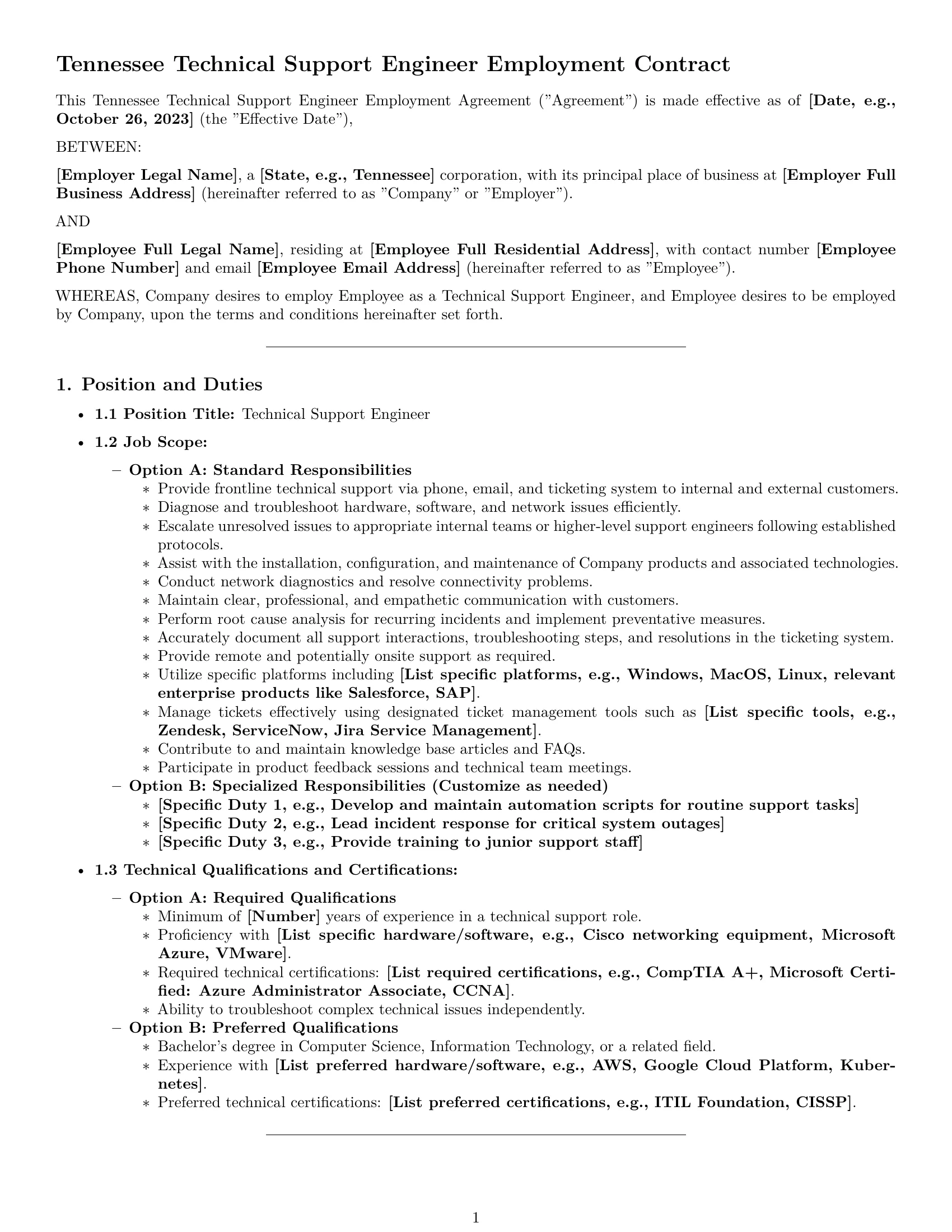 Preview page 1 of Pro Tennessee technical support engineer employment contract template