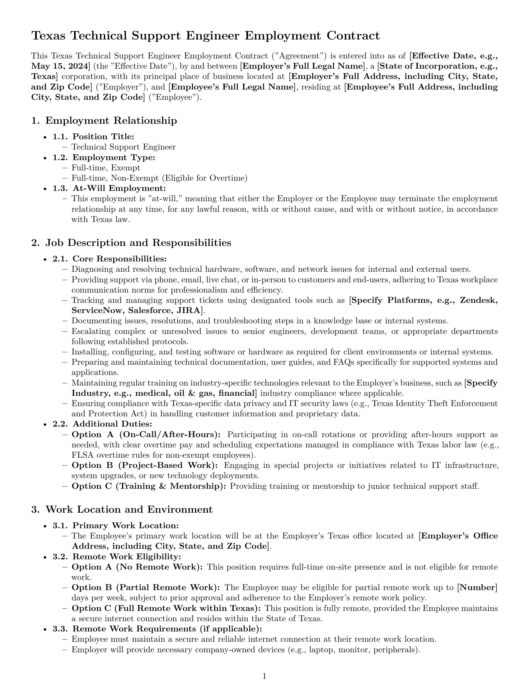 Preview page 1 of Pro Texas technical support engineer employment contract template